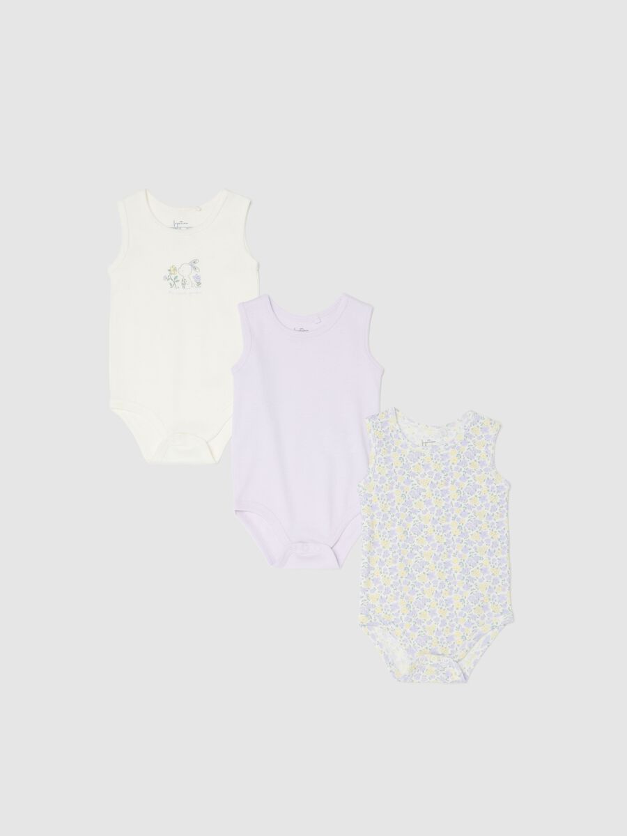 Tripack body senza maniche in puro cotone multicolor da neonata_0