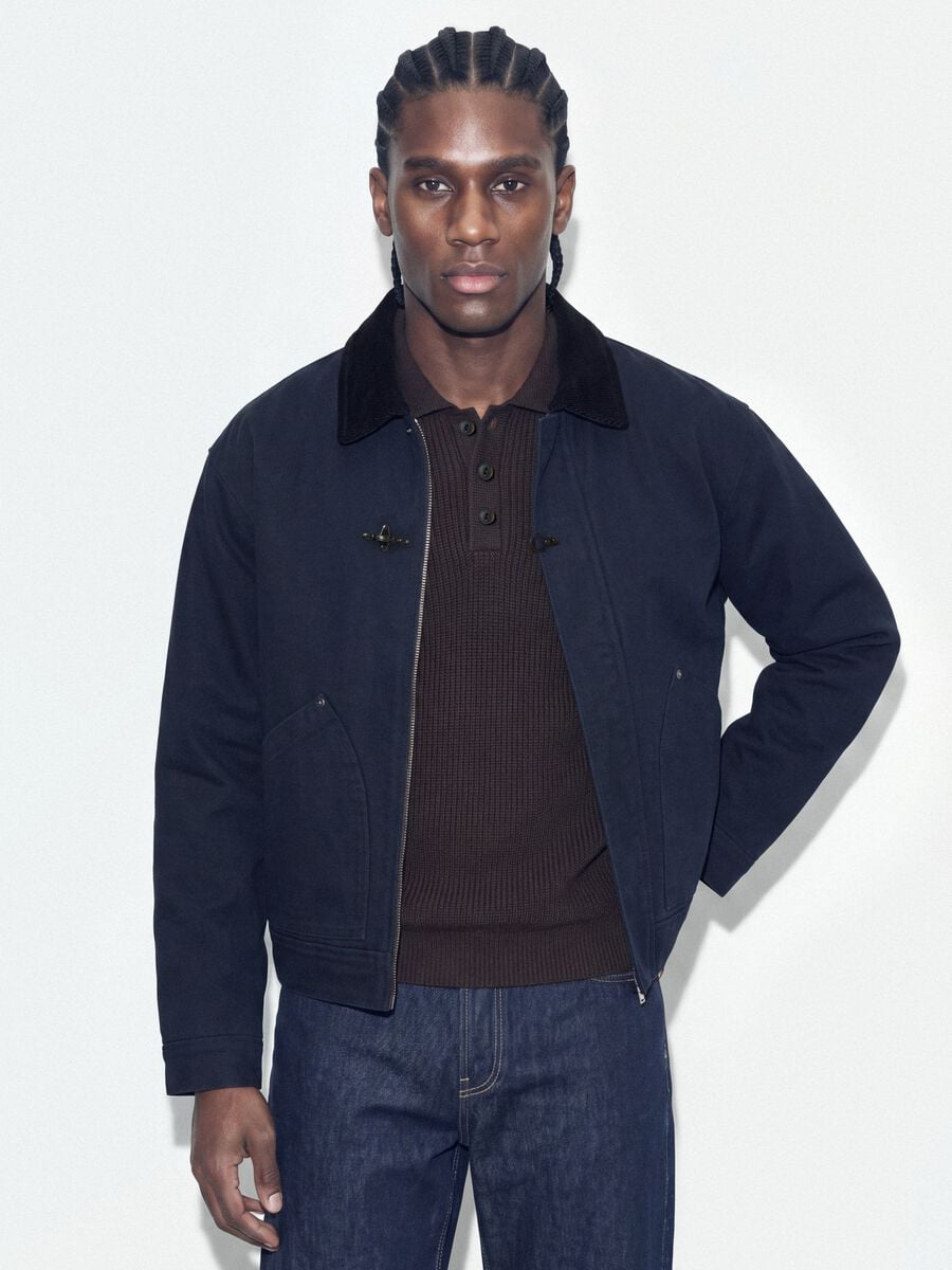 Blue cropped pure cotton padded jacket, oversized fit_0