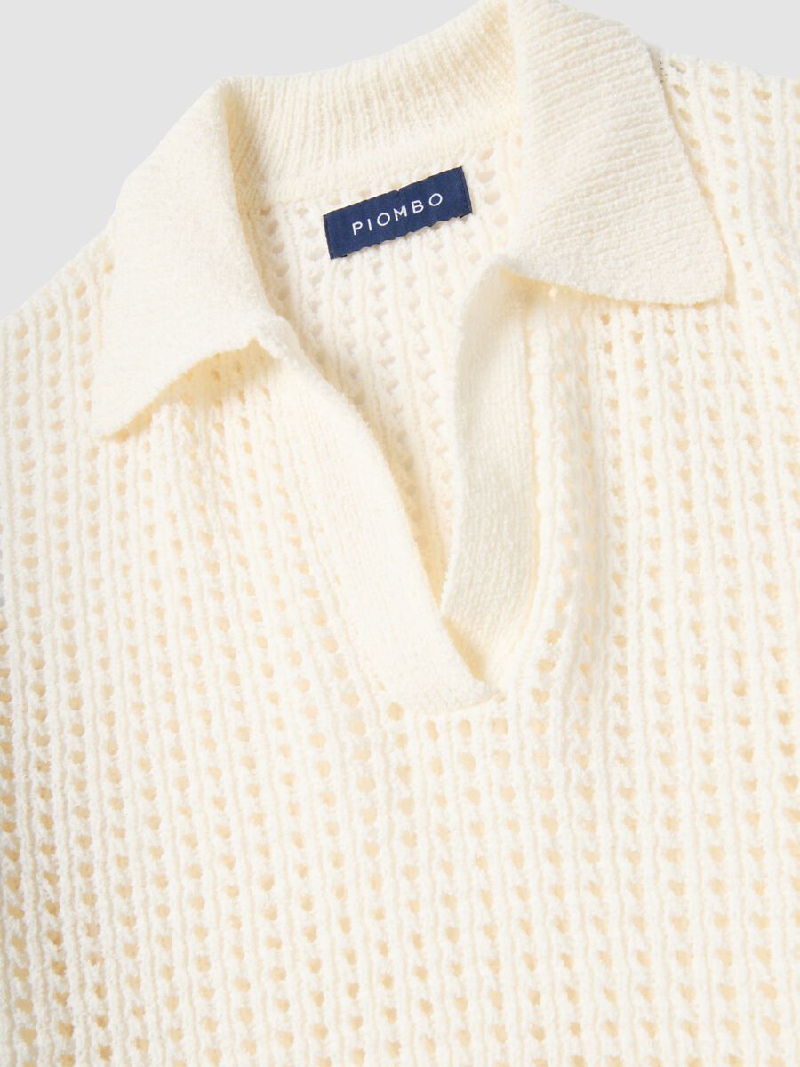 White cotton blend perforated polo collar shirt, regular fit_5