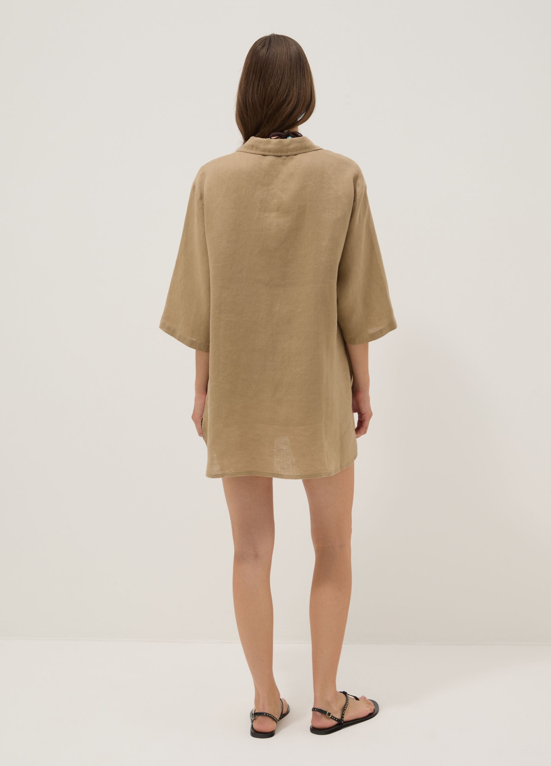 Long beige pure linen beach cover-up