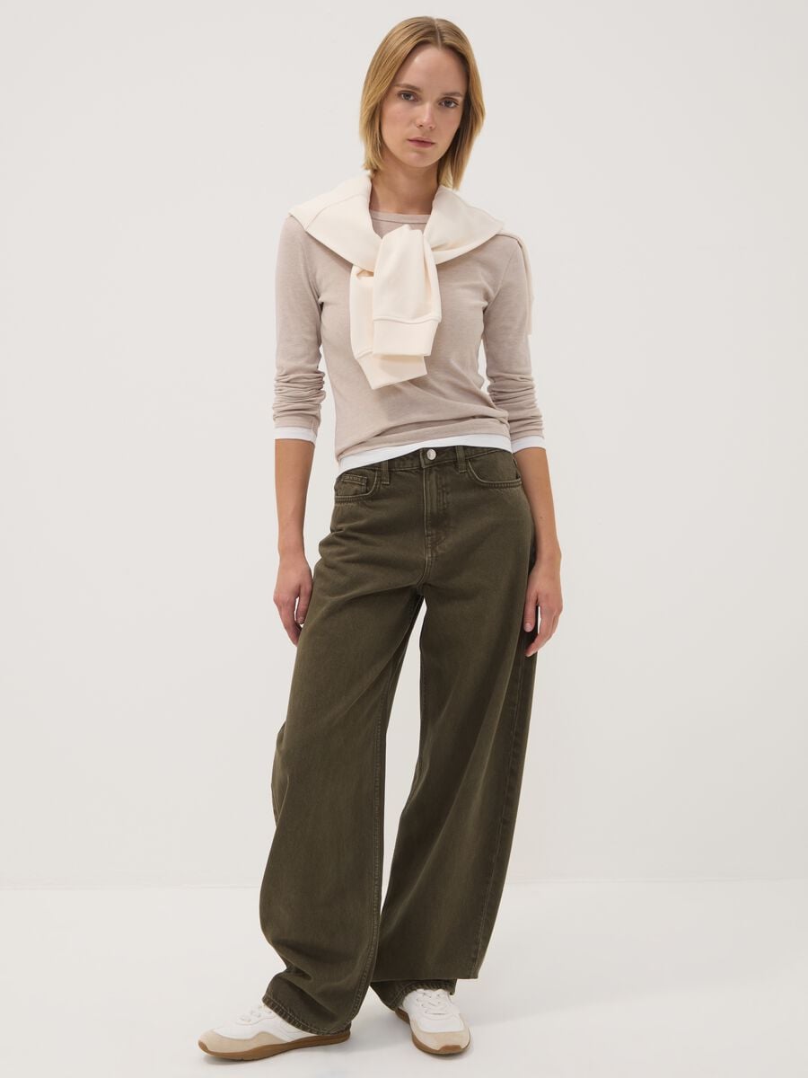 Beige cotton-blend crew-neck T-shirt_1