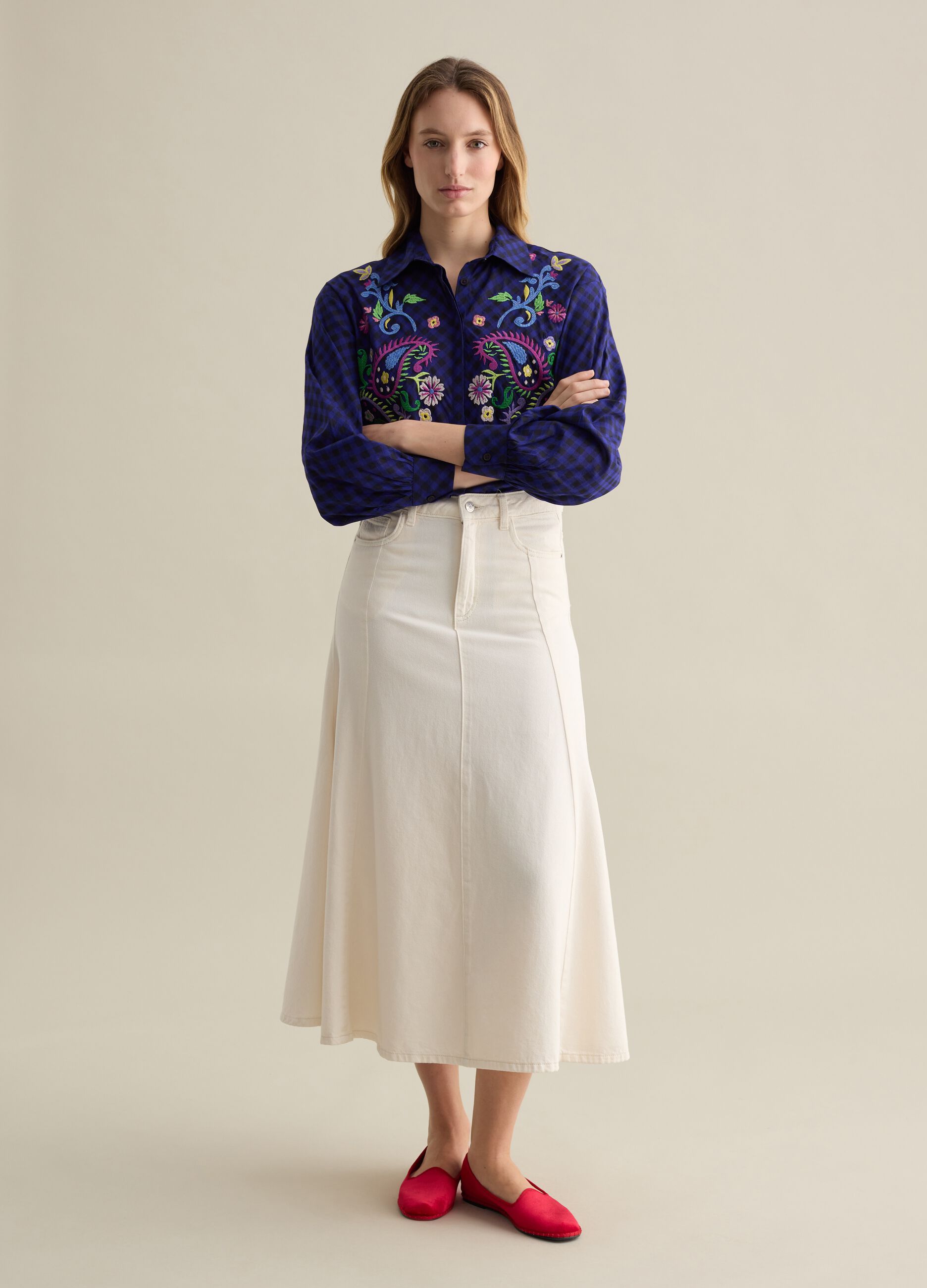 Check shirt with paisley embroidery