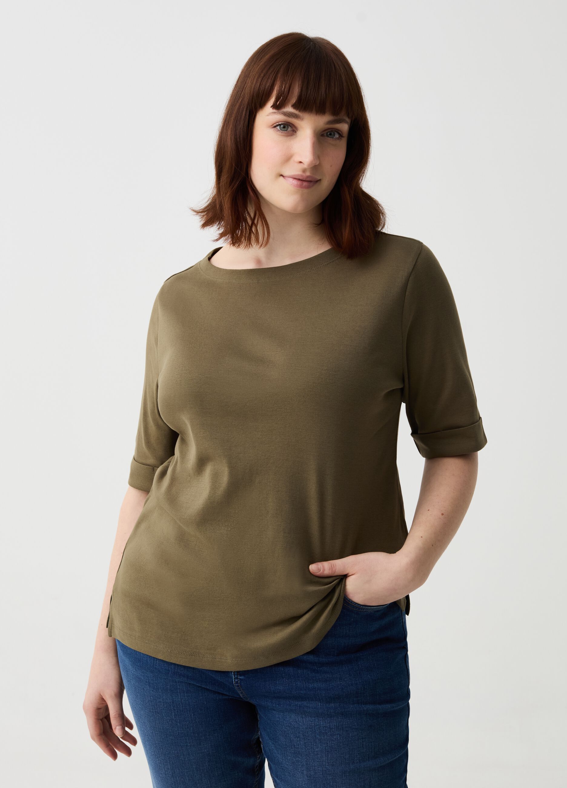 T-shirt maniche al gomito con risvolti Curvy