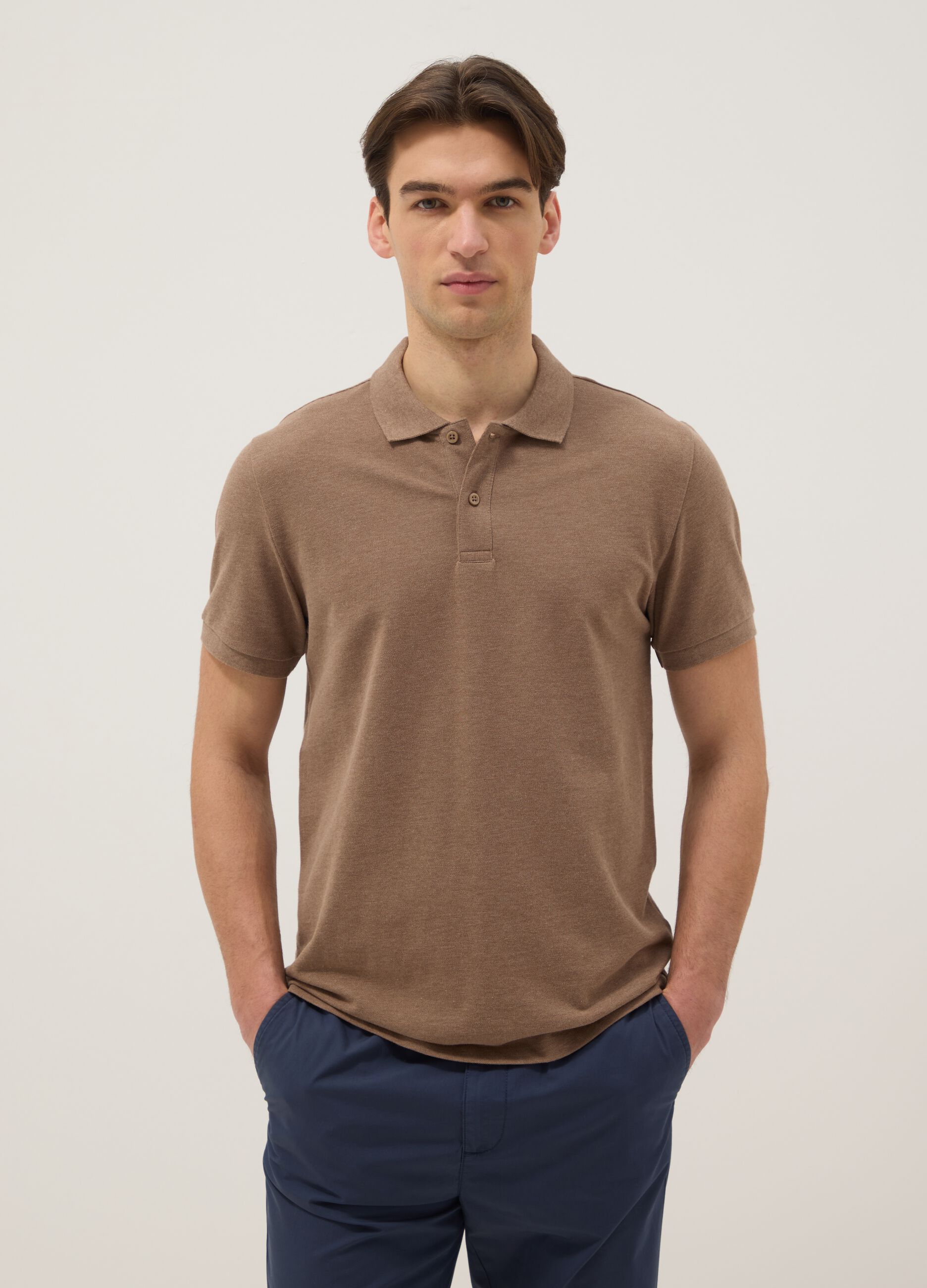 Brown pure cotton short-sleeve regular fit polo