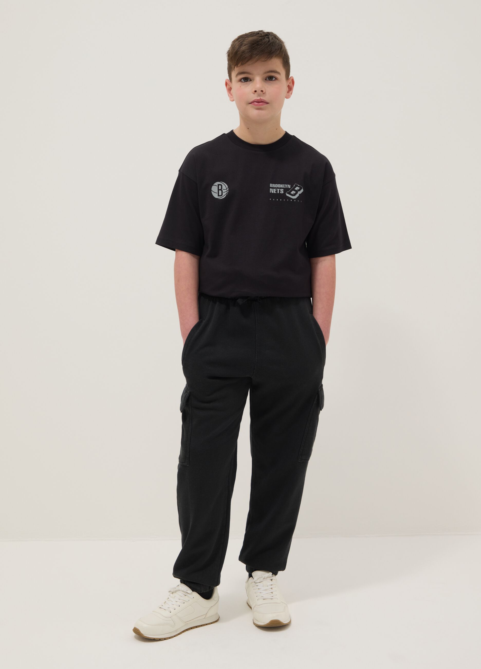 Boys' Regular Fit Black Cotton Blend Cargo Jogger Trousers