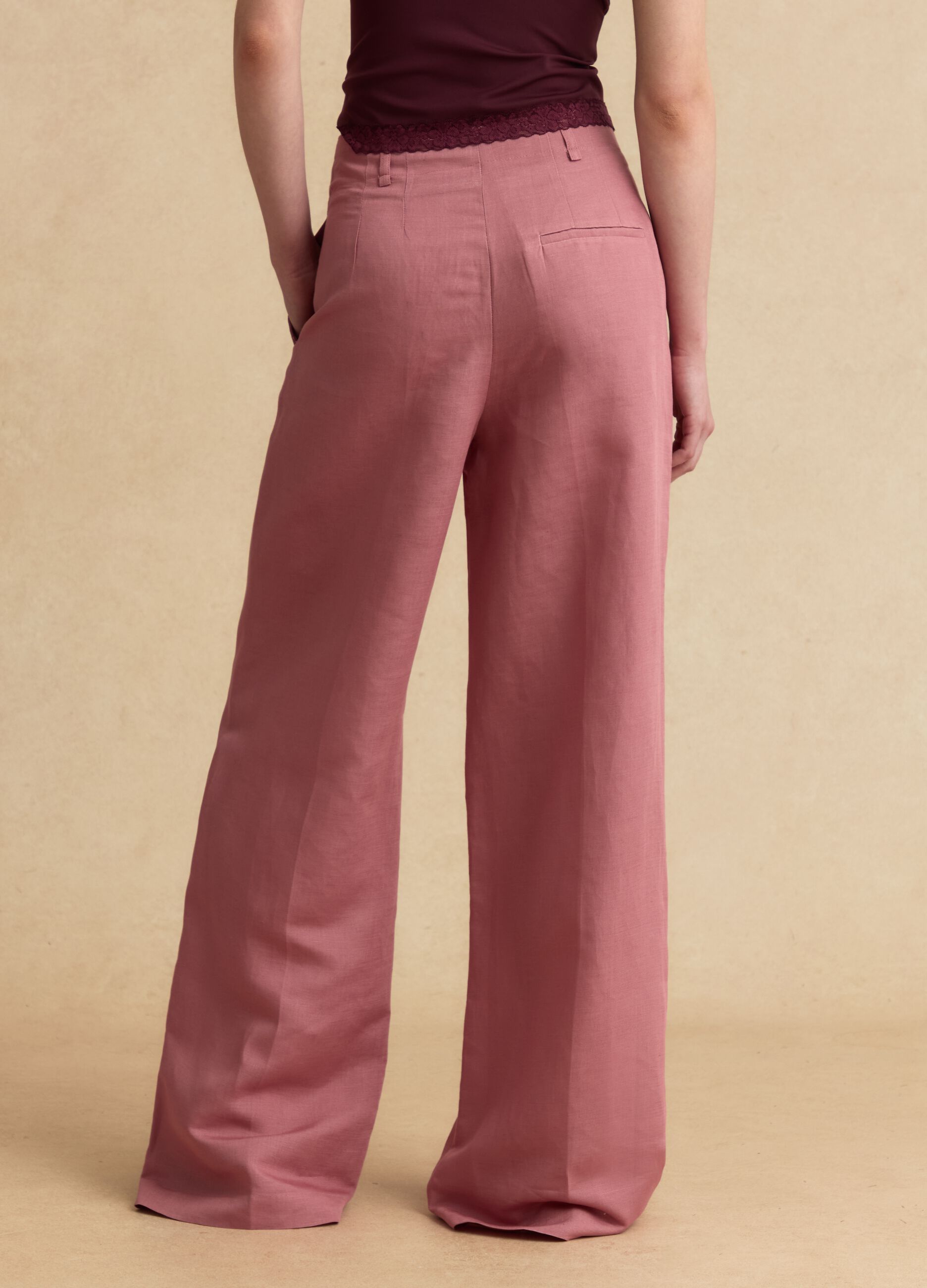 Pink linen-viscose blend wide-leg trousers with structured waistband
