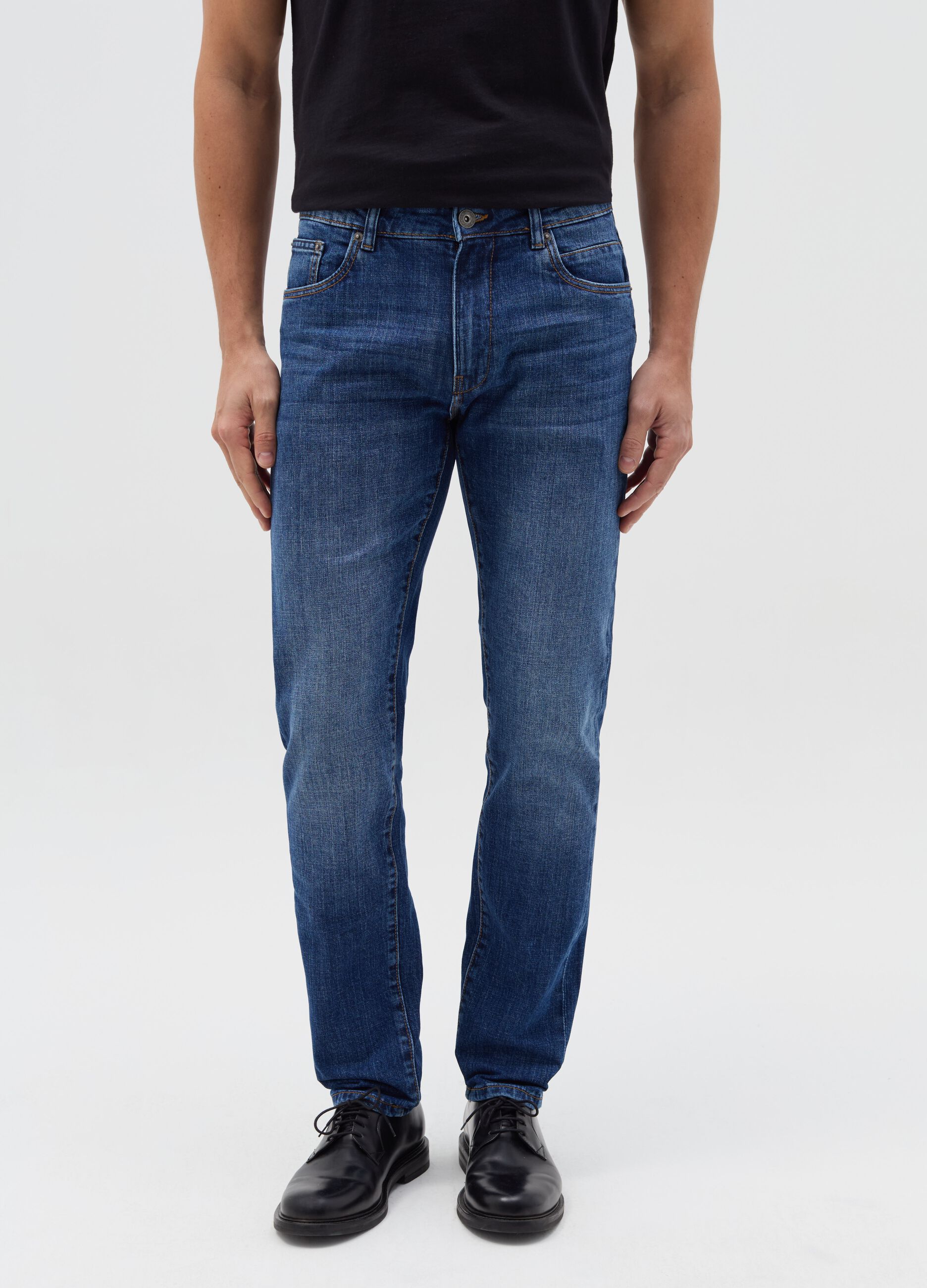 Slim-fit cross-hatch cotton jeans