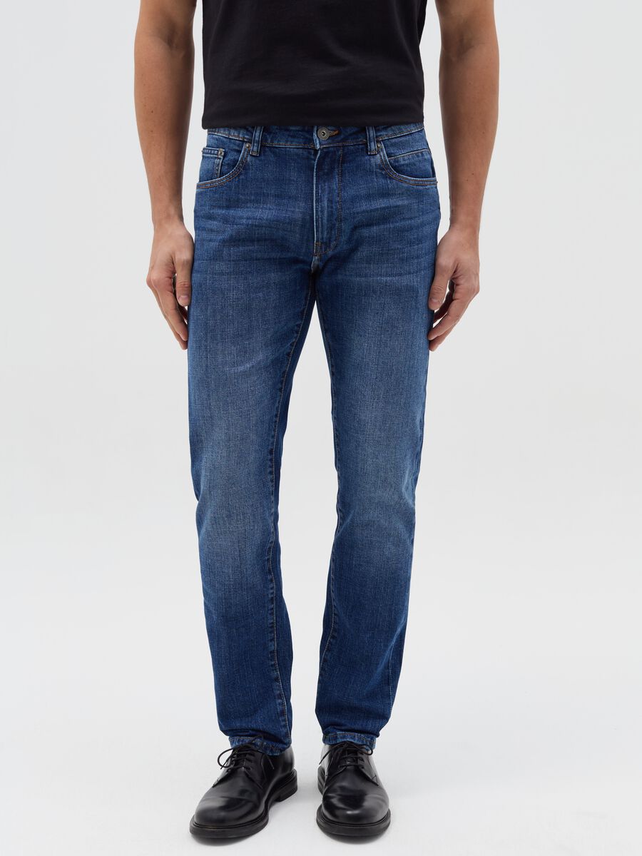 Slim-fit cross-hatch cotton jeans_1