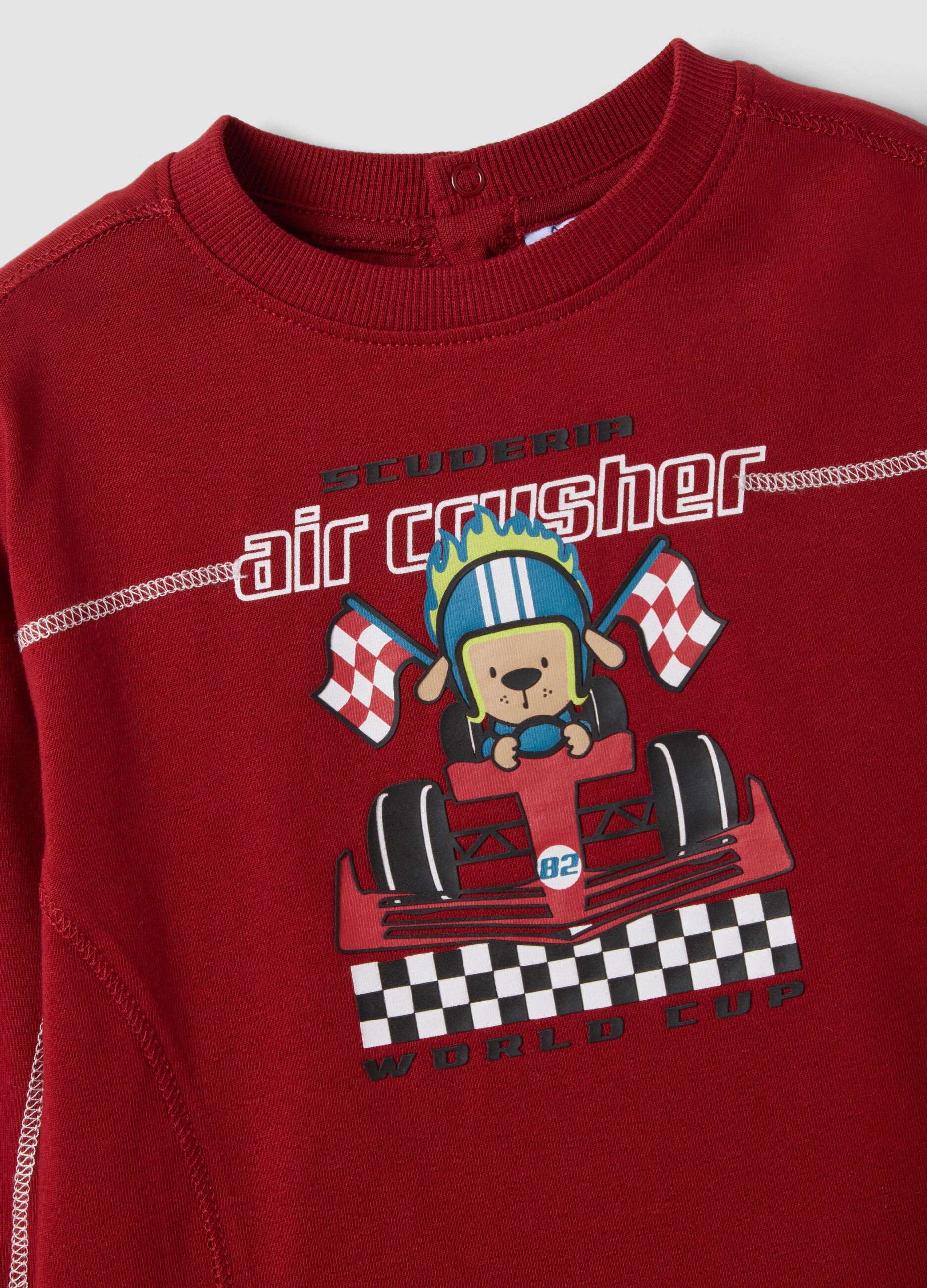 Red pure cotton crew-neck T-shirt with racing print for baby boy