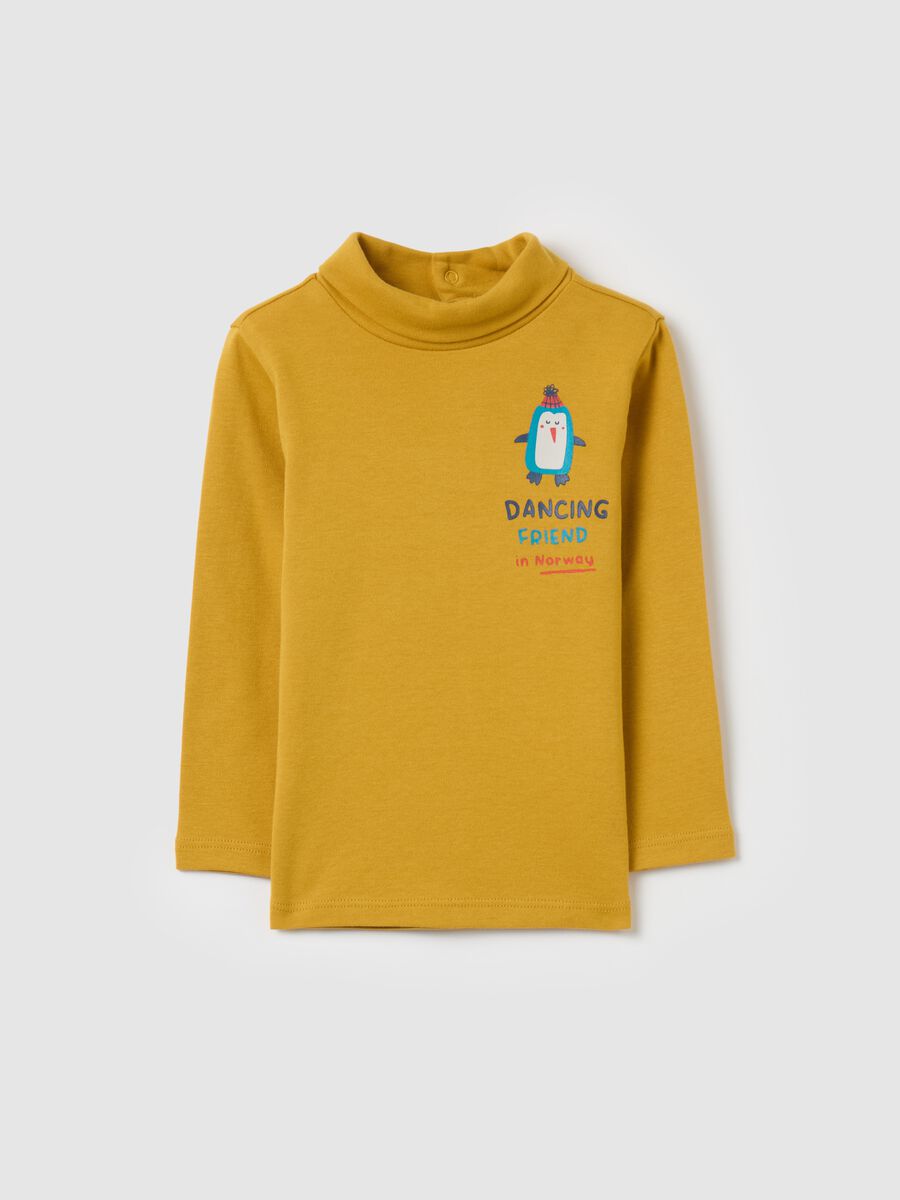 Cotton T-shirt with high neck and print_0