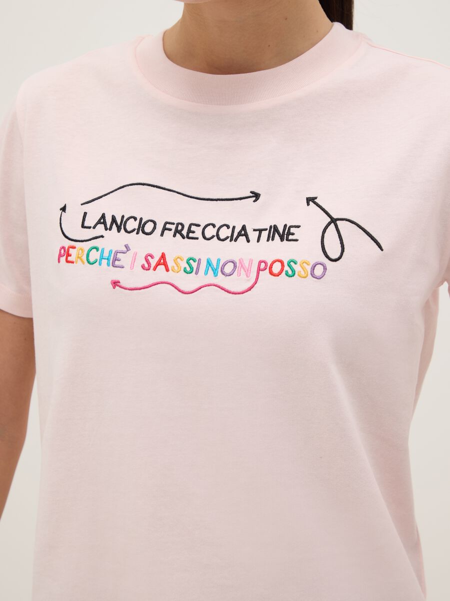 Pink pure cotton regular fit T-shirt with embroidered slogan_3