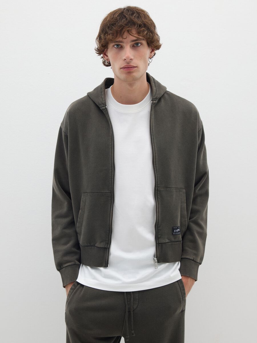 Black cotton blend hoodie with zip_0