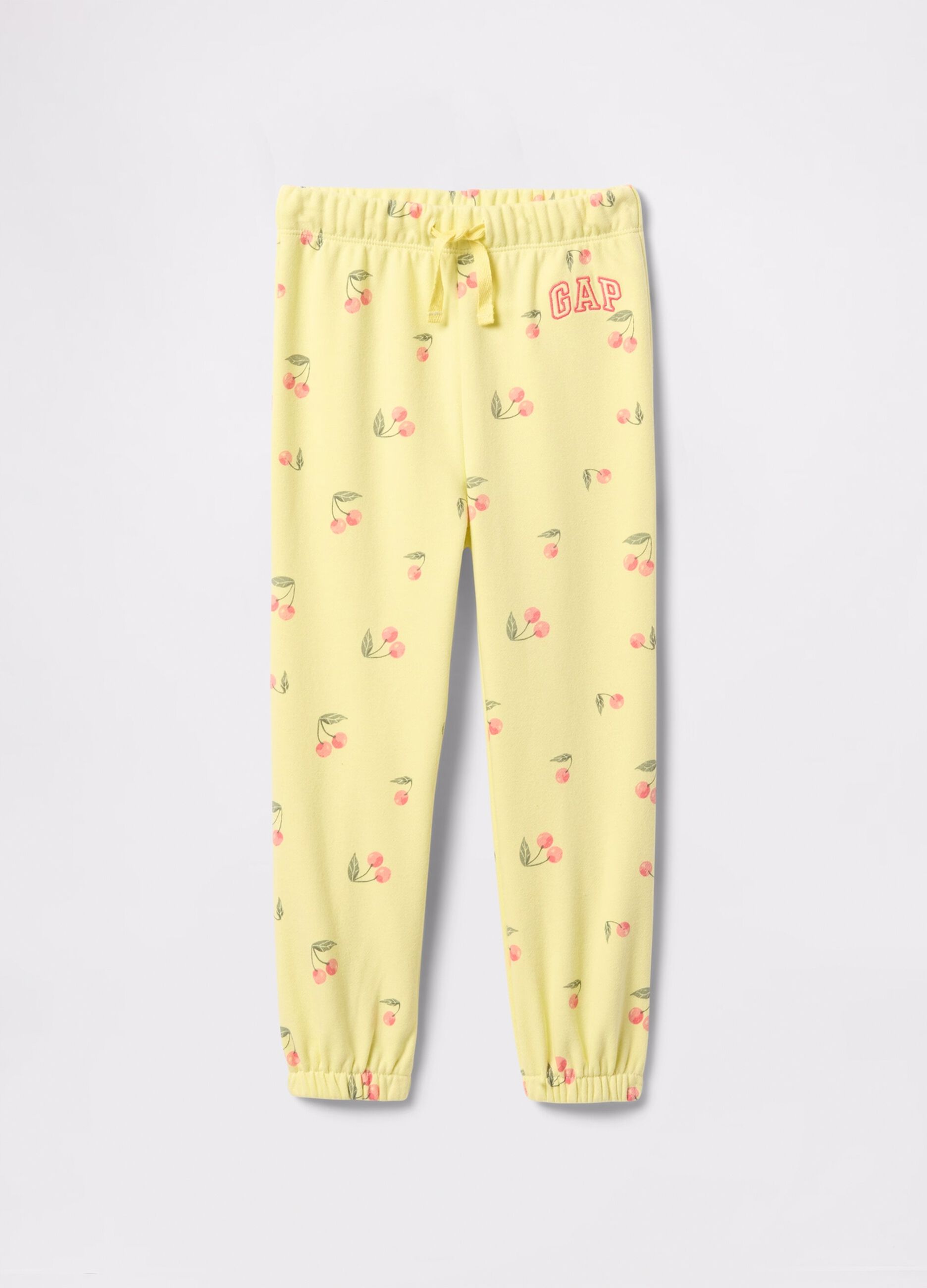 Yellow joggers with drawstring, logo embroidery and cherries print