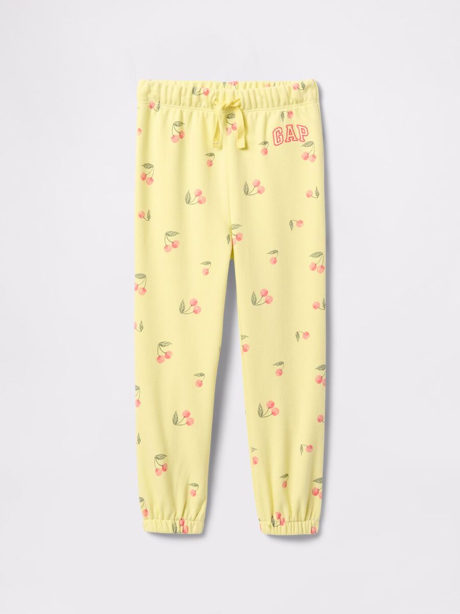 Yellow joggers with drawstring, logo embroidery and cherries print_0
