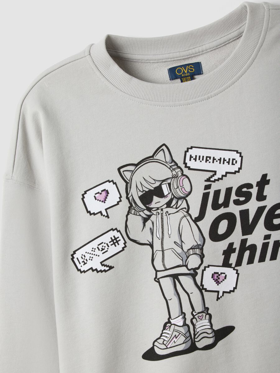 Grey pure cotton sweatshirt with ribbed neckline and print for girls_1
