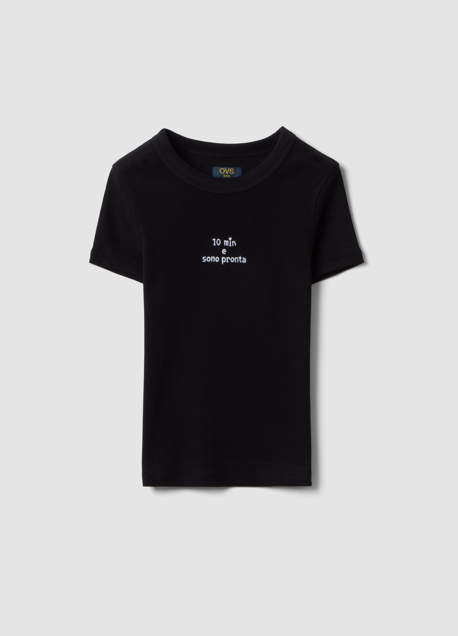 Fitted black cotton blend T-shirt for girls with phrase