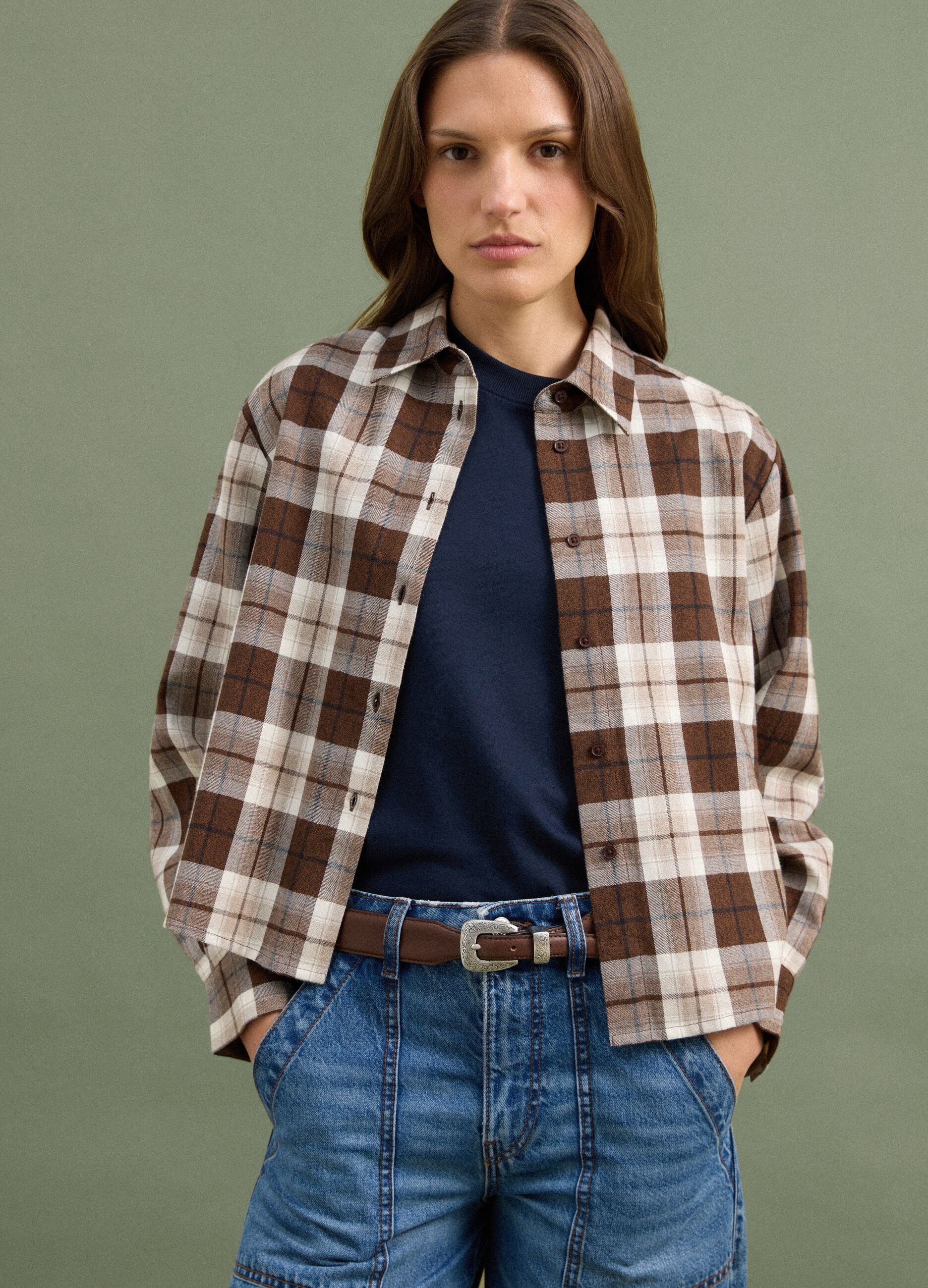 Camicia marrone a quadri in flanella di puro cotone regular fit