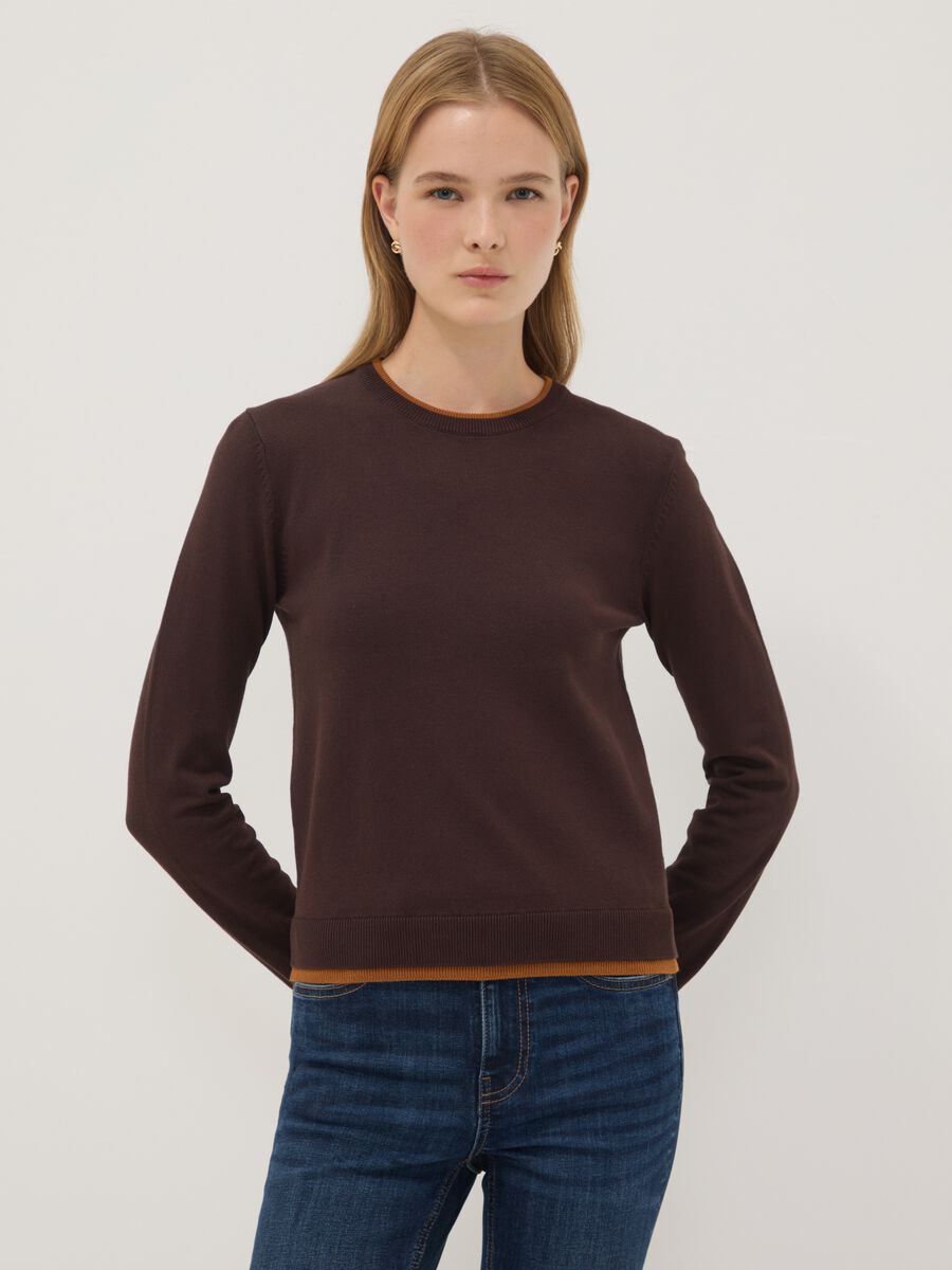Maglia marrone in misto viscosa a maniche lunghe_1