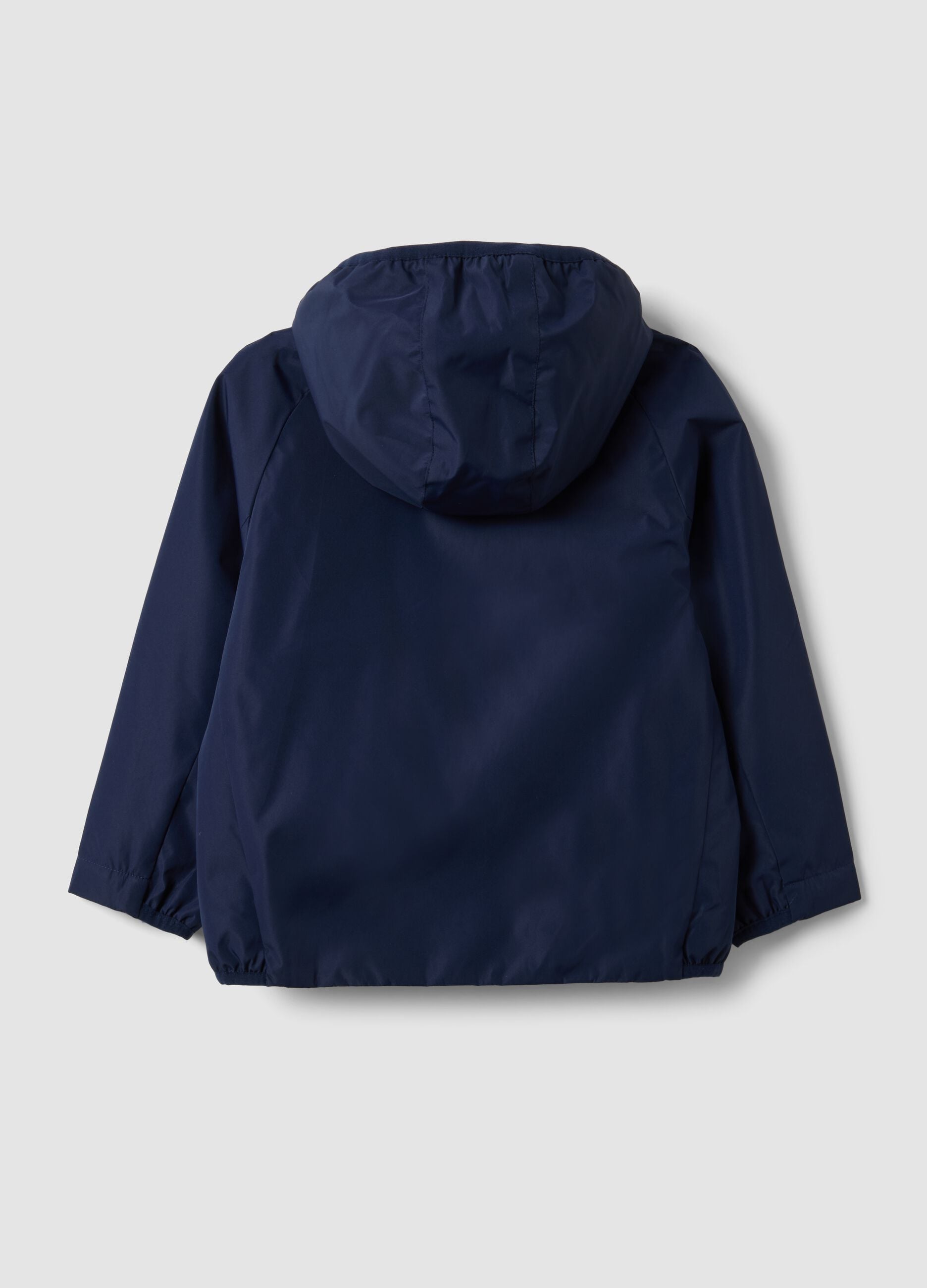 Blue kids&rsquo; rain jacket with hood and zip