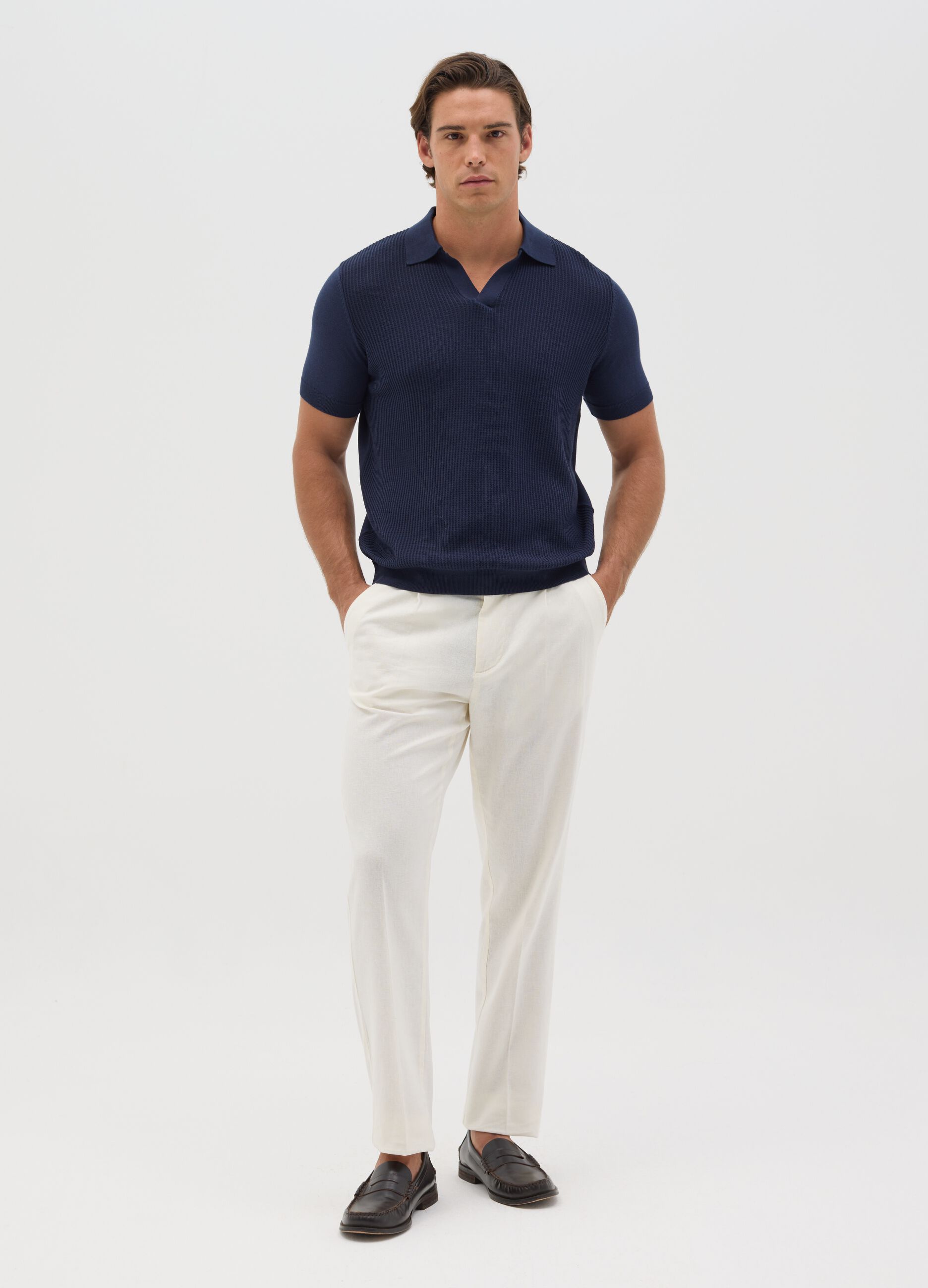 Blue polo shirt with jacquard weave