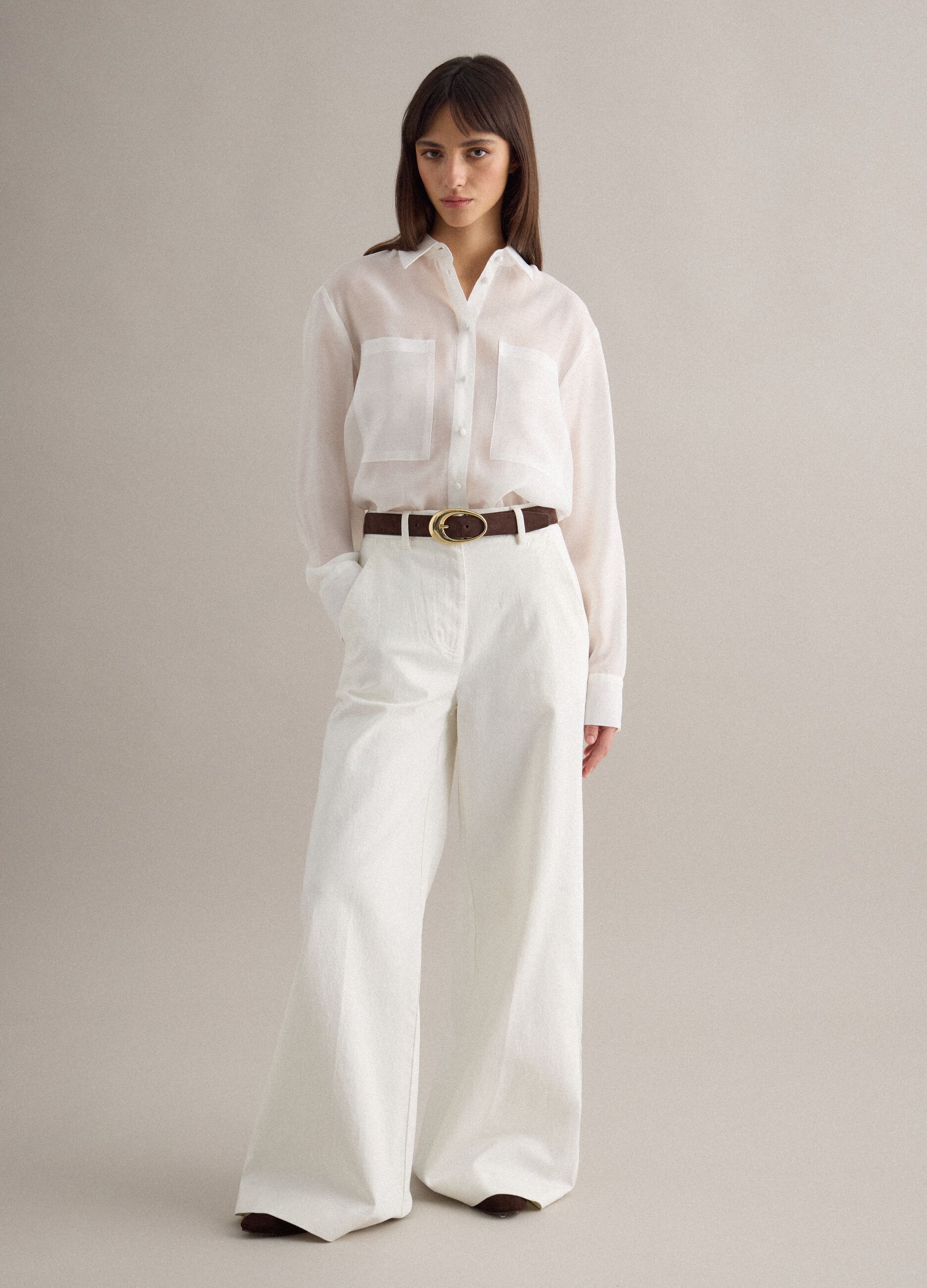 White Stretch Denim Wide Leg Trousers