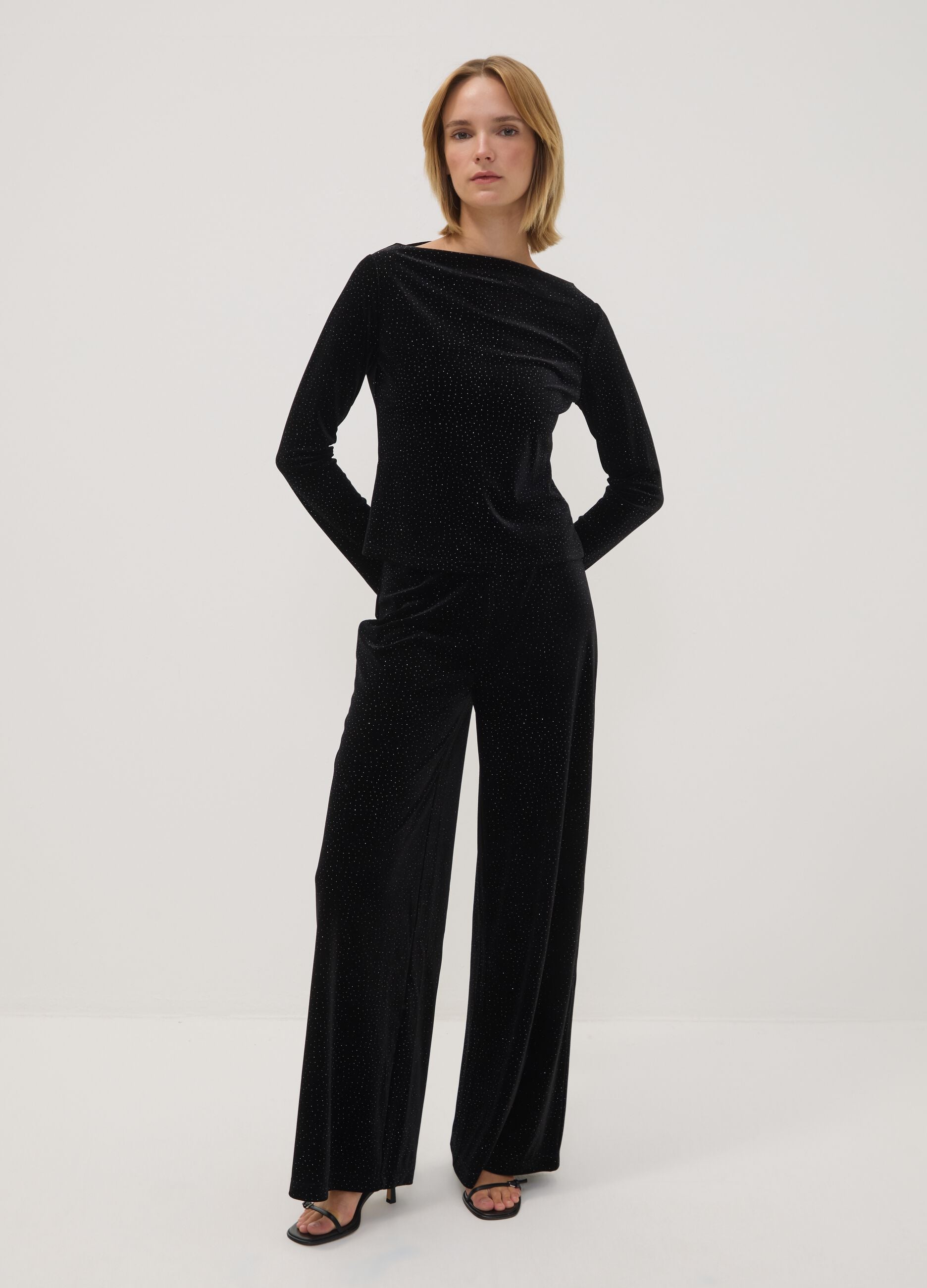 Black Stretch Fabric Crew-Neck Top