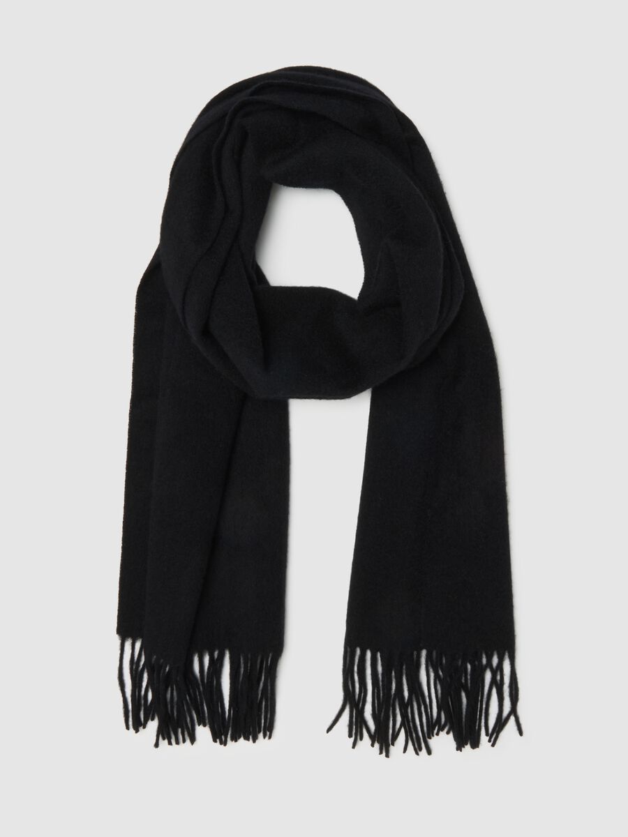 Black wool and cashmere scarf with fringes_0