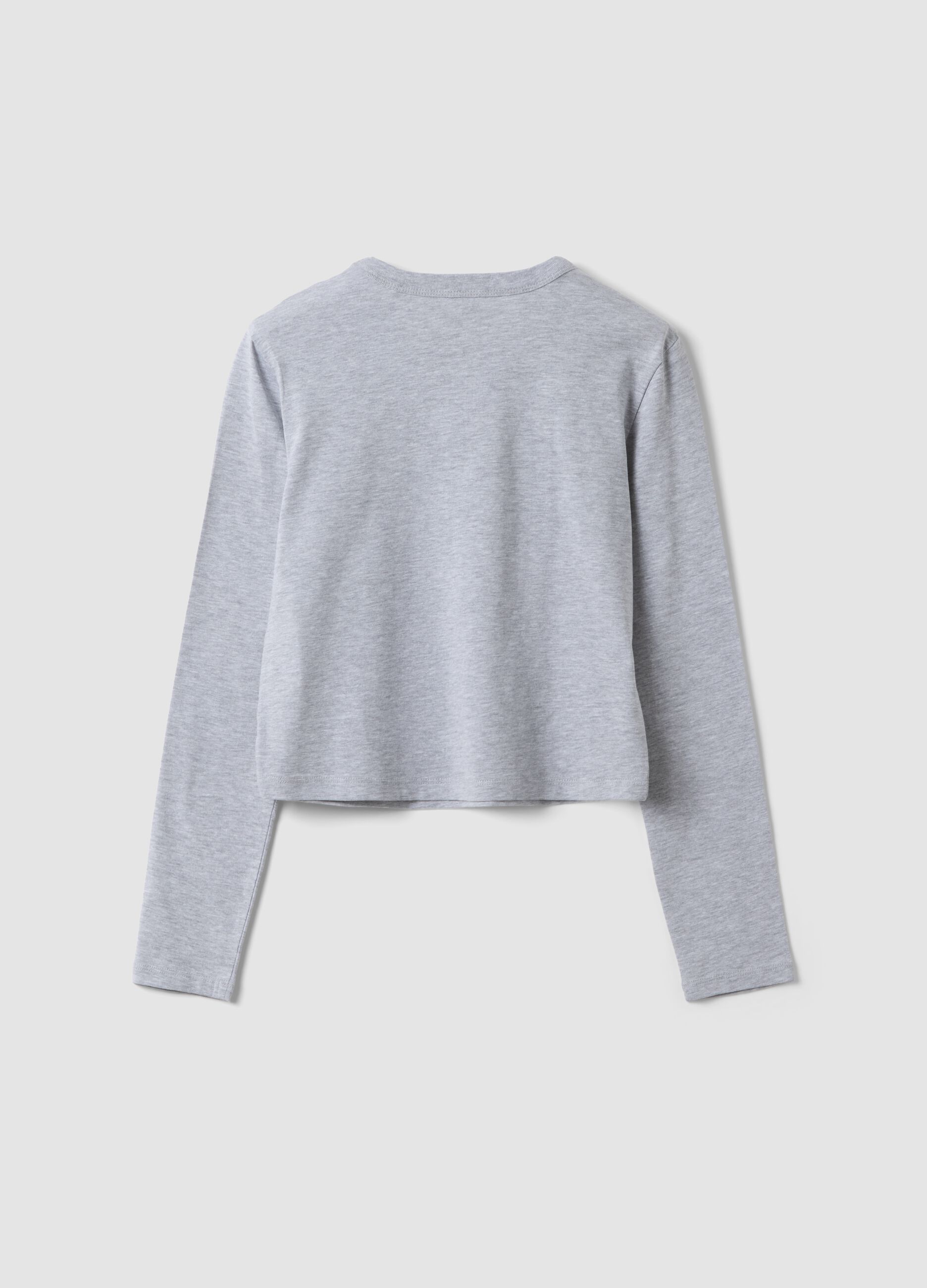 T-shirt crop grigia in puro cotone organico con collo a costine per ragazza