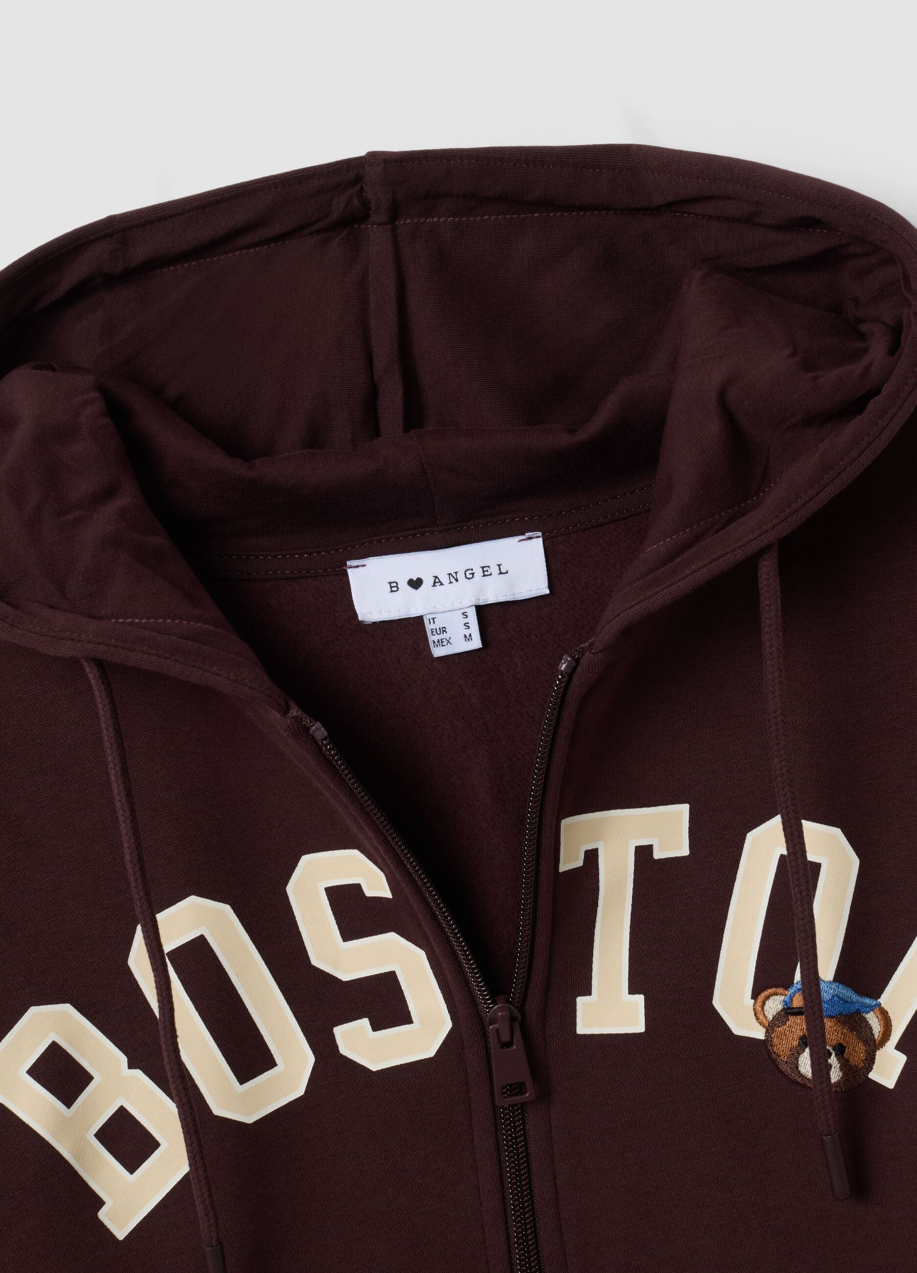 Brown cotton-blend hoodie with "Boston" slogan, relaxed fit