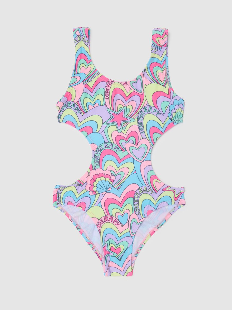 Girl's one-piece swimsuit in multicoloured stretch fabric with cut-outs_0