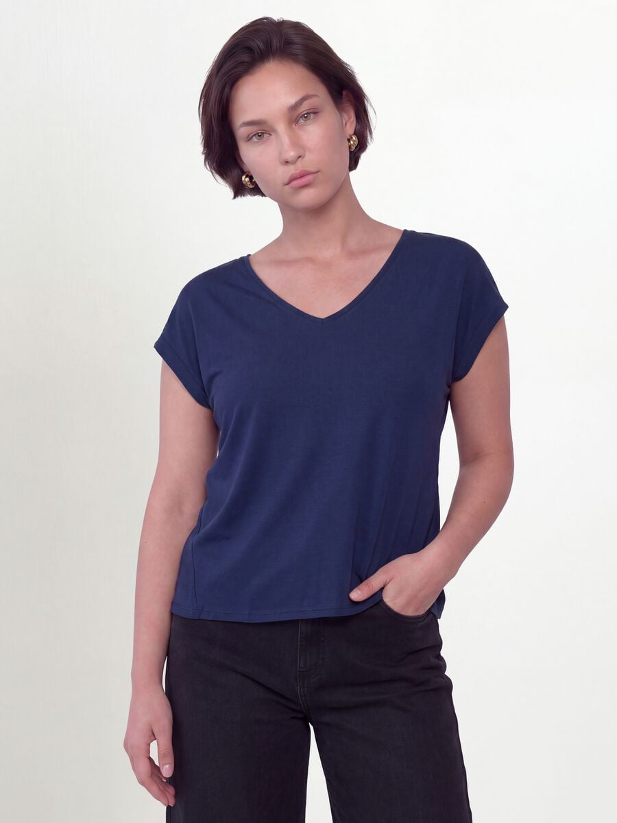 Blue pure viscose V-neck T-shirt, regular fit_1