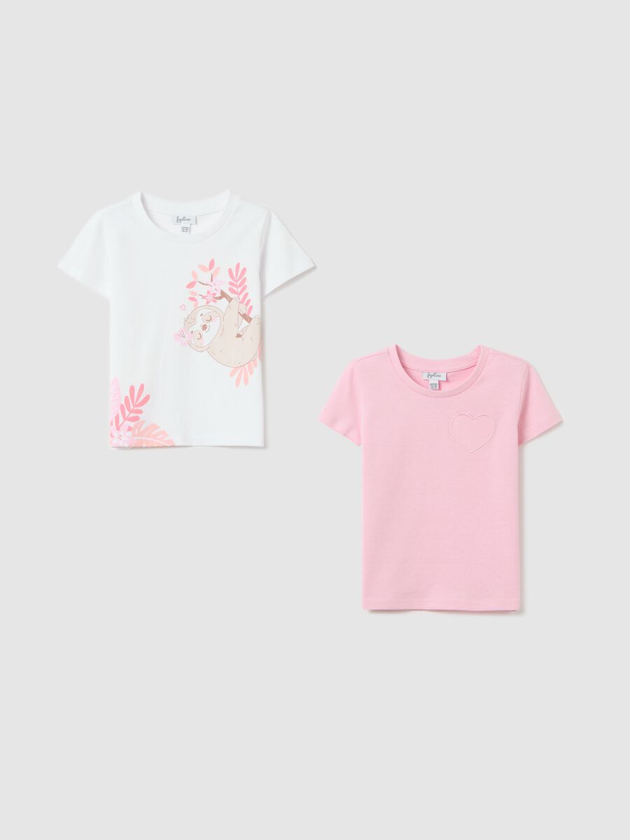 Two-pack white and pink T-shirts in cotton with print and embroidery_0