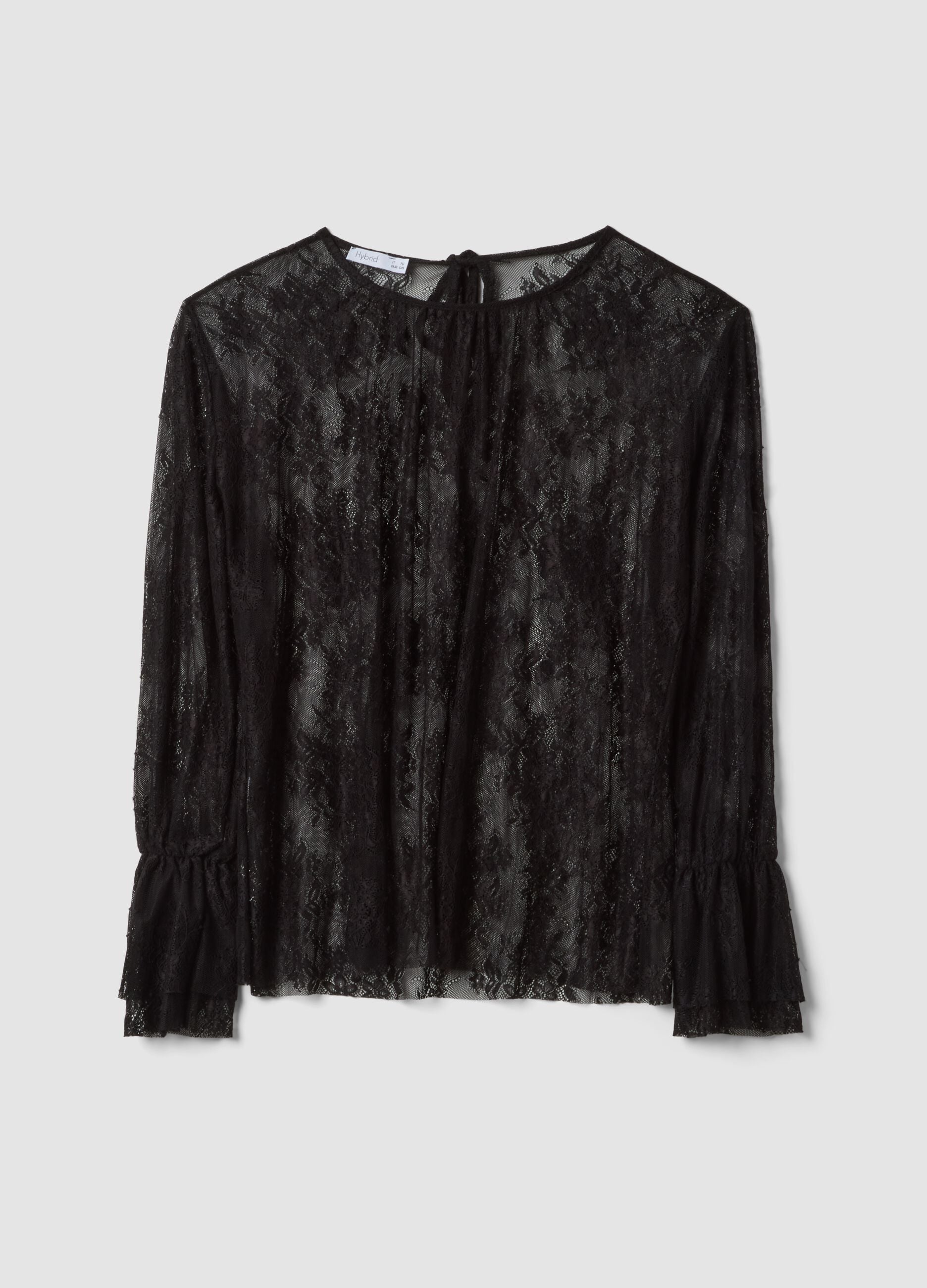 Blusa nera in tessuto elasticizzato con pizzo trasparente regular fit