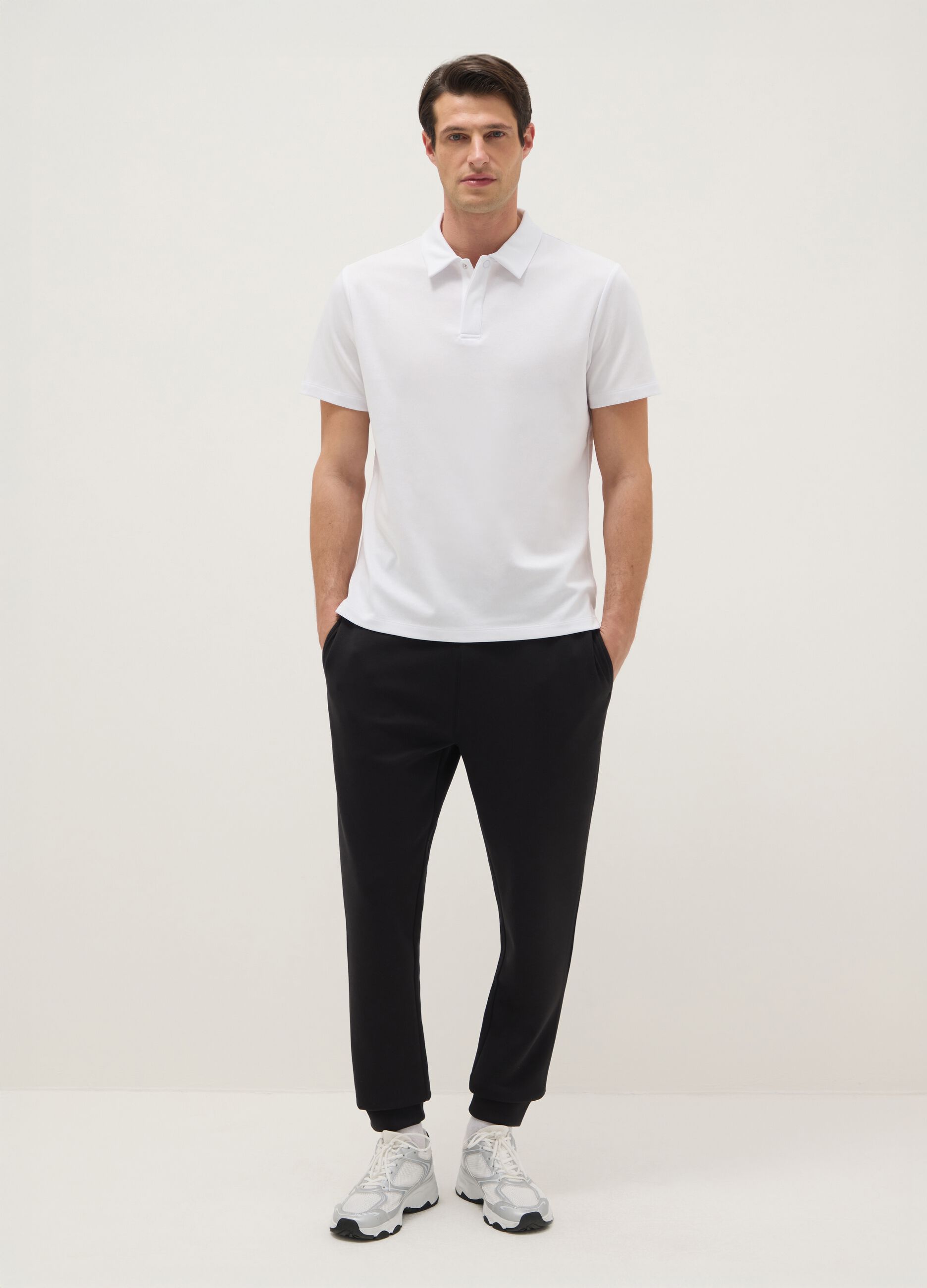 White short-sleeve mixed cotton polo, regular fit