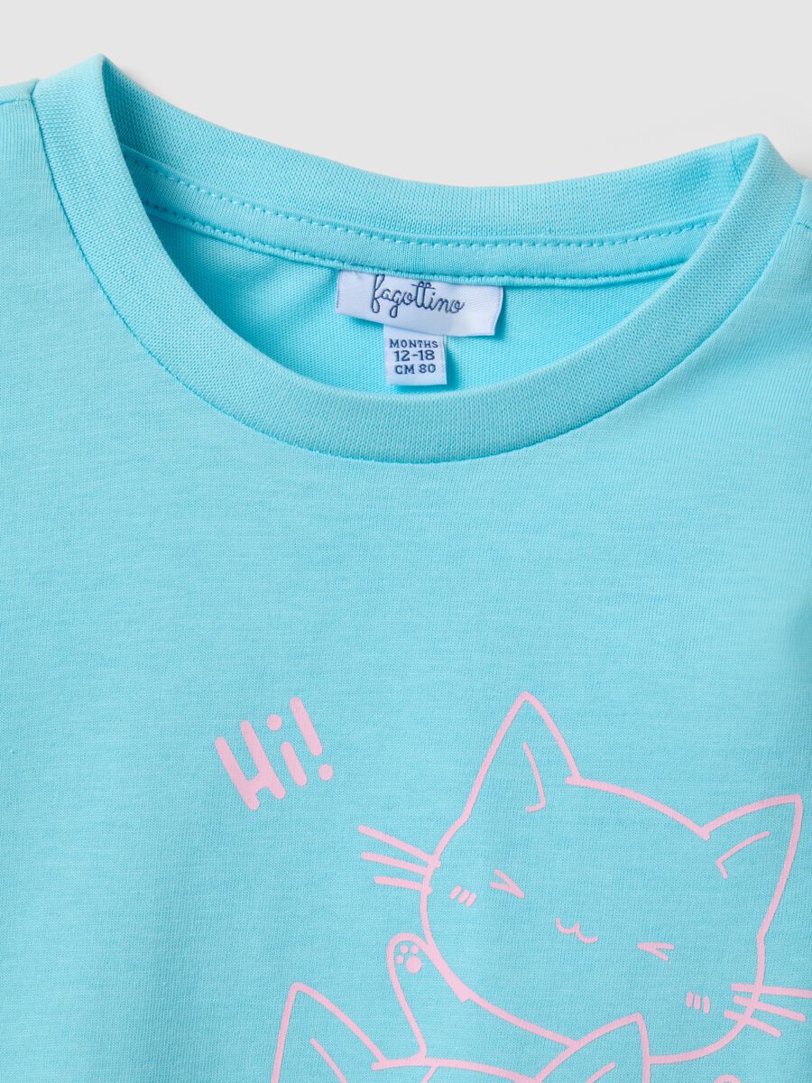 Sky blue pure cotton girl's t-shirt with cat print, regular fit_3