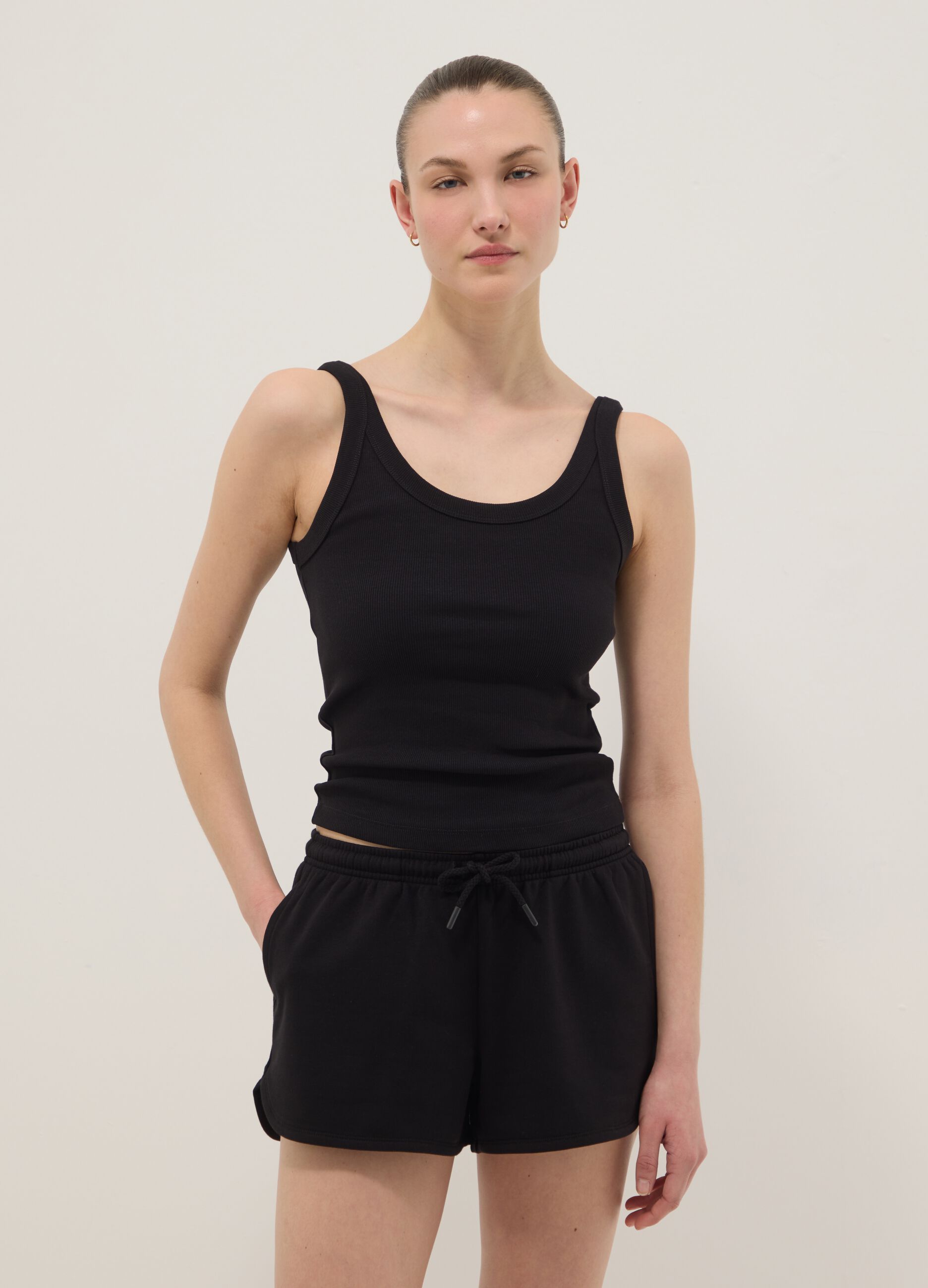 Black stretch cotton fitted vest top