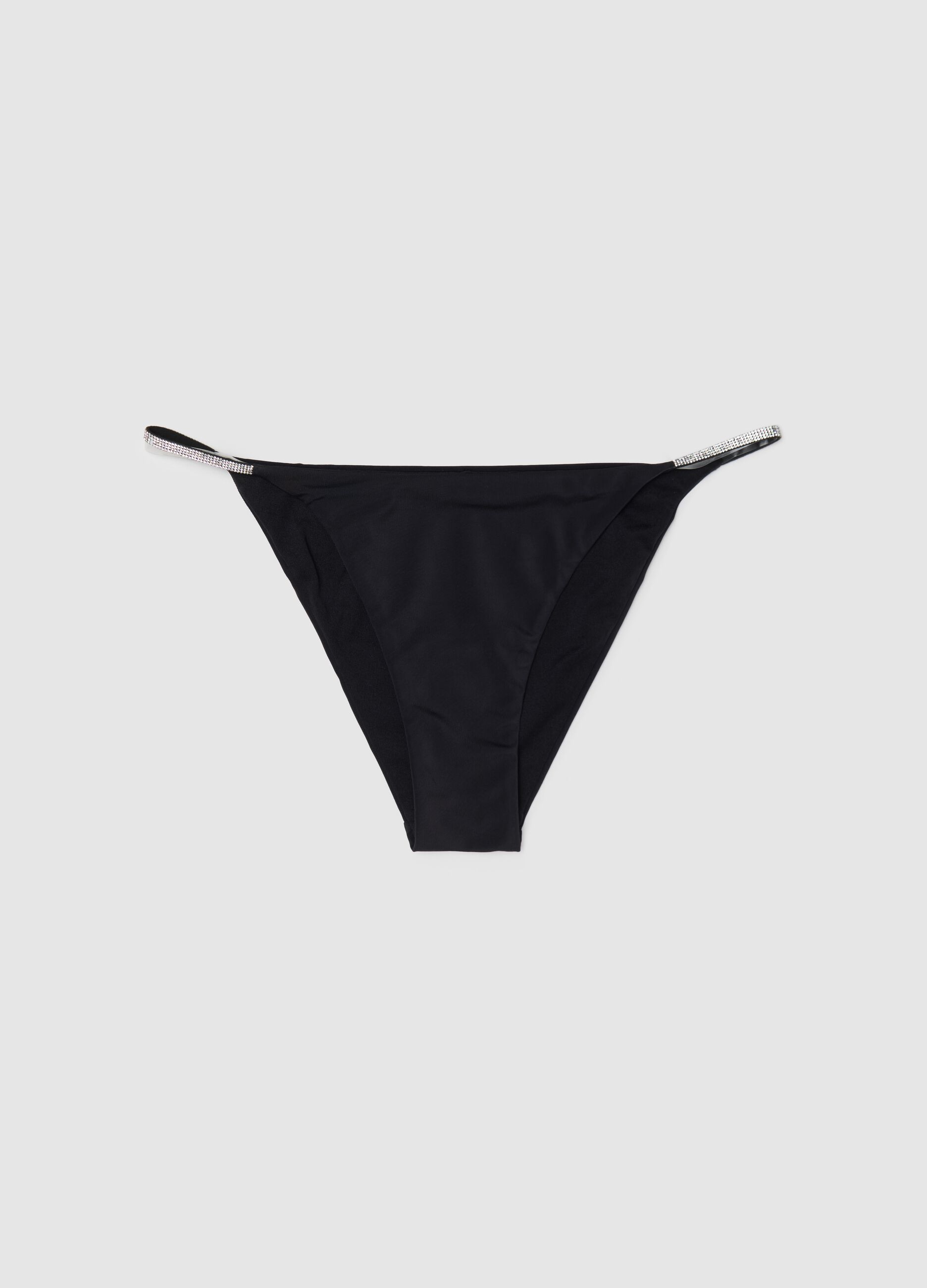 Women’s bikini briefs in black stretch fabric with diamanté details