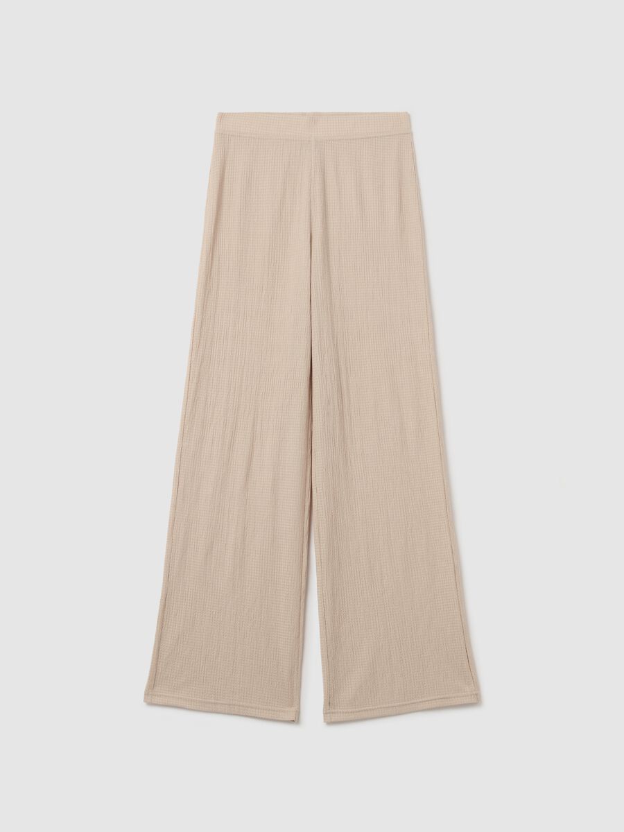 Wide-leg beige trousers with waffle weave_4