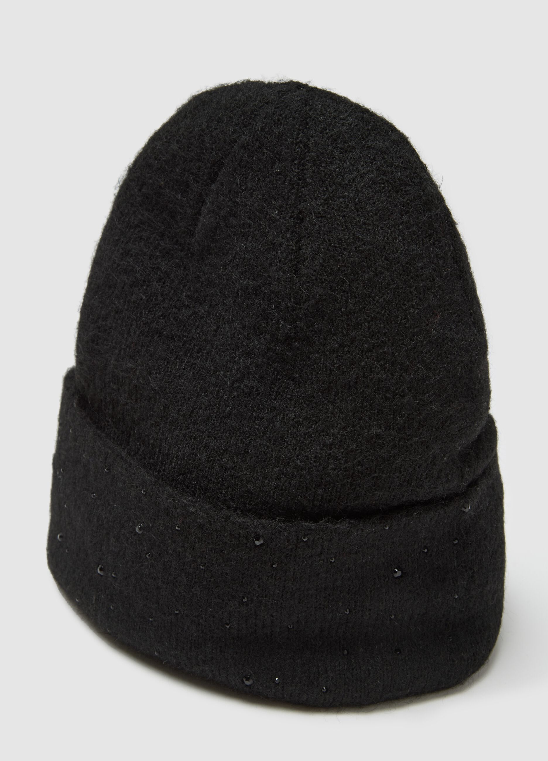 Black Wool Blend Knitted Beanie