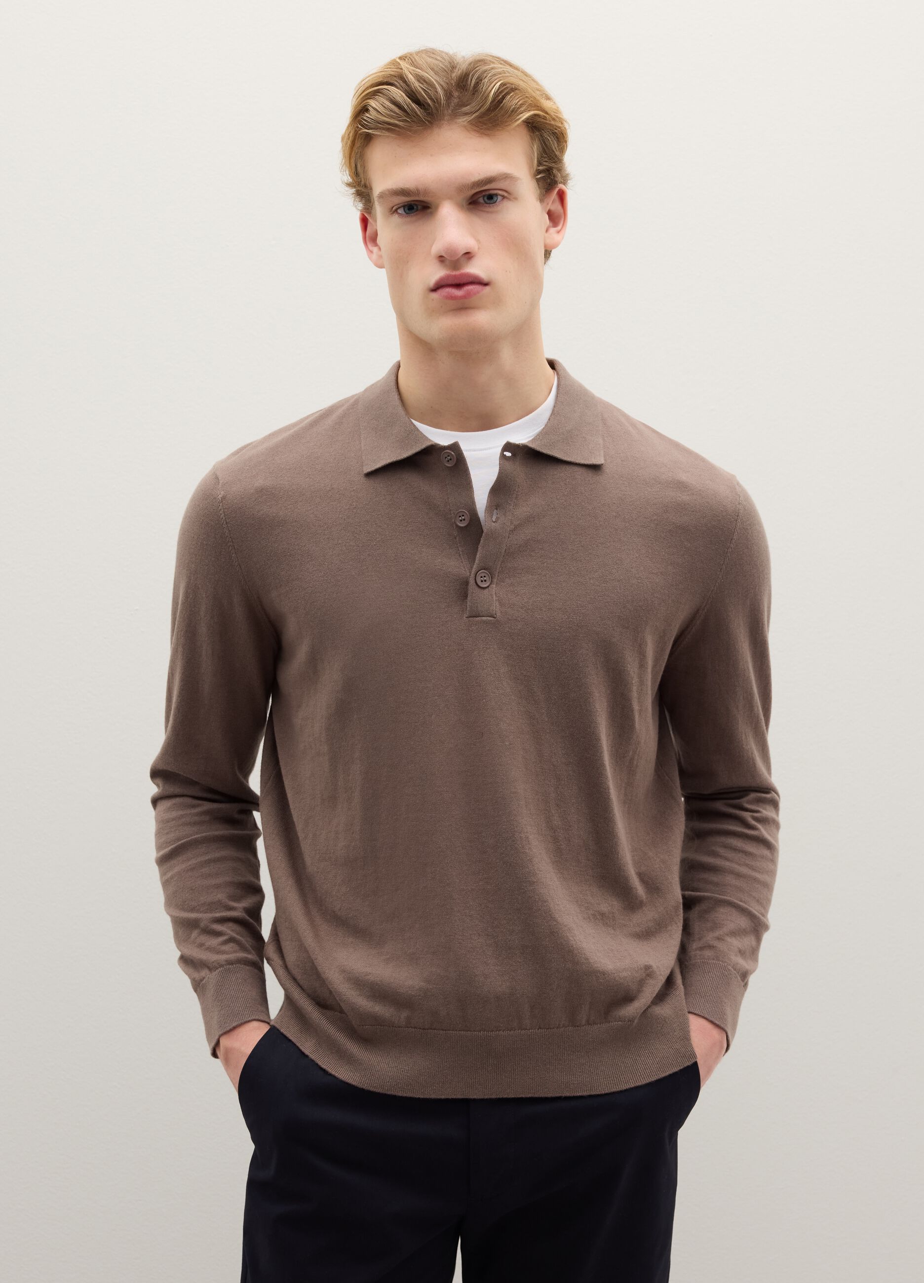 Regular-fit brown cotton blend polo shirt