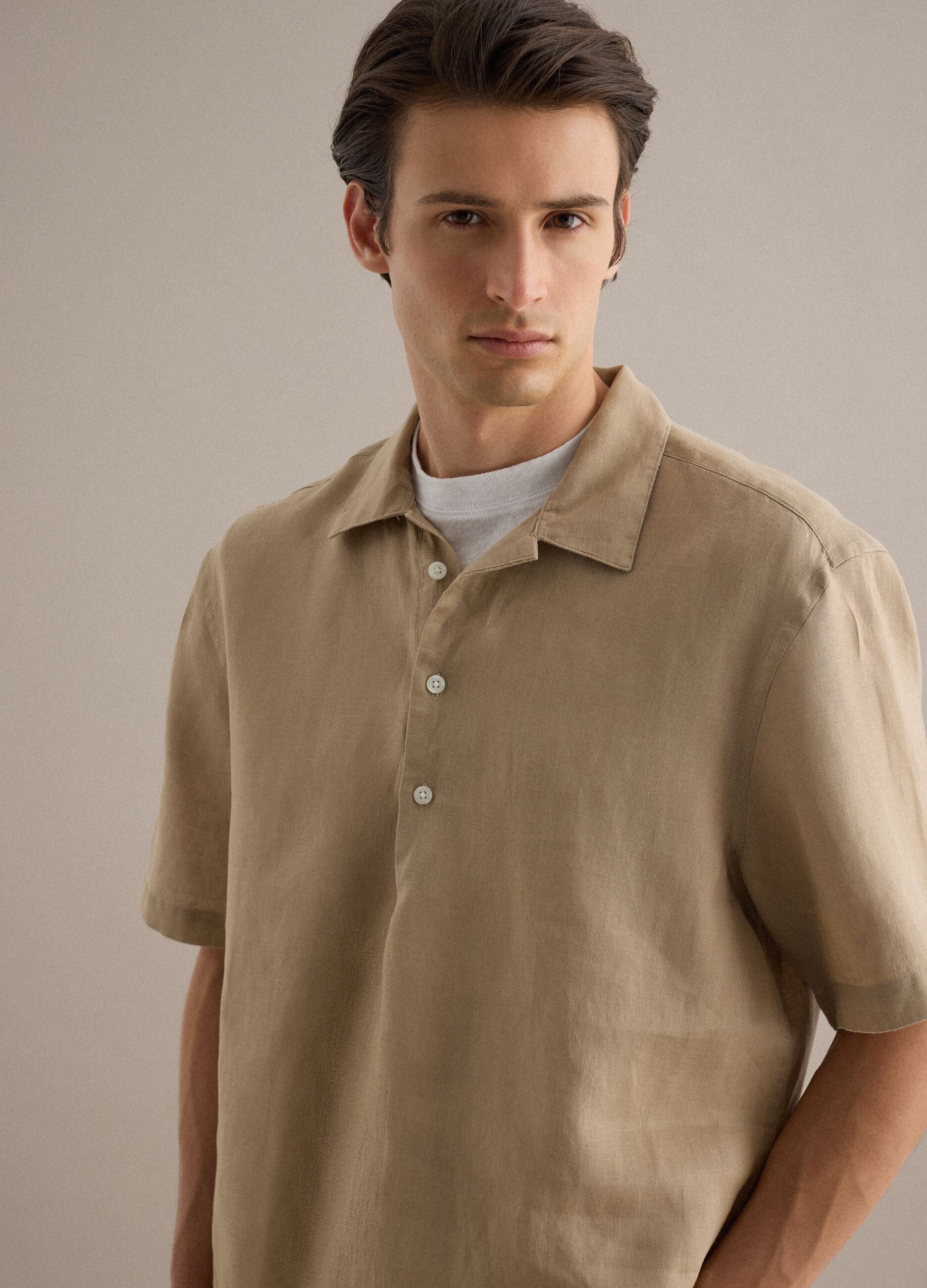 Beige pure linen regular fit shirt with bowling collar