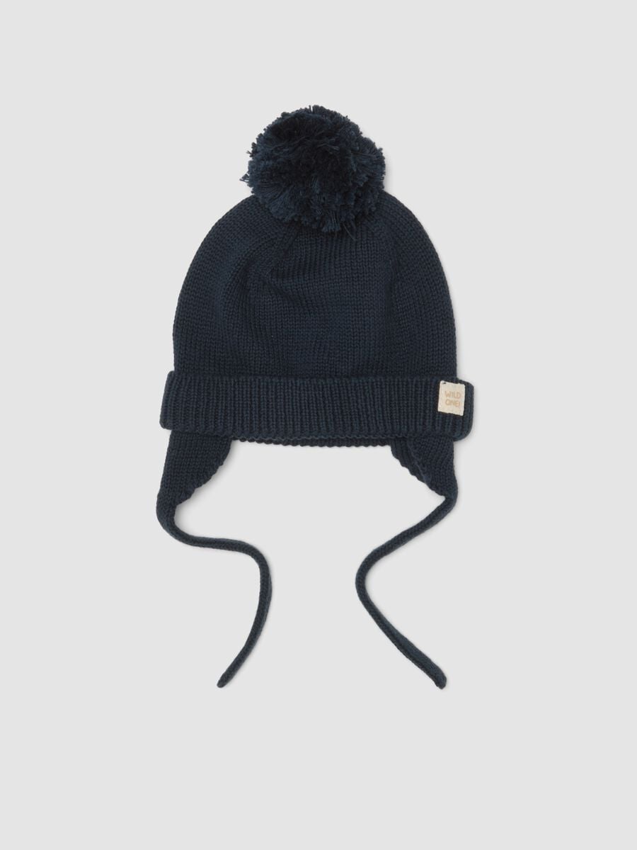 Cappello blu in puro cotone lavorato a maglia con pon pon_0
