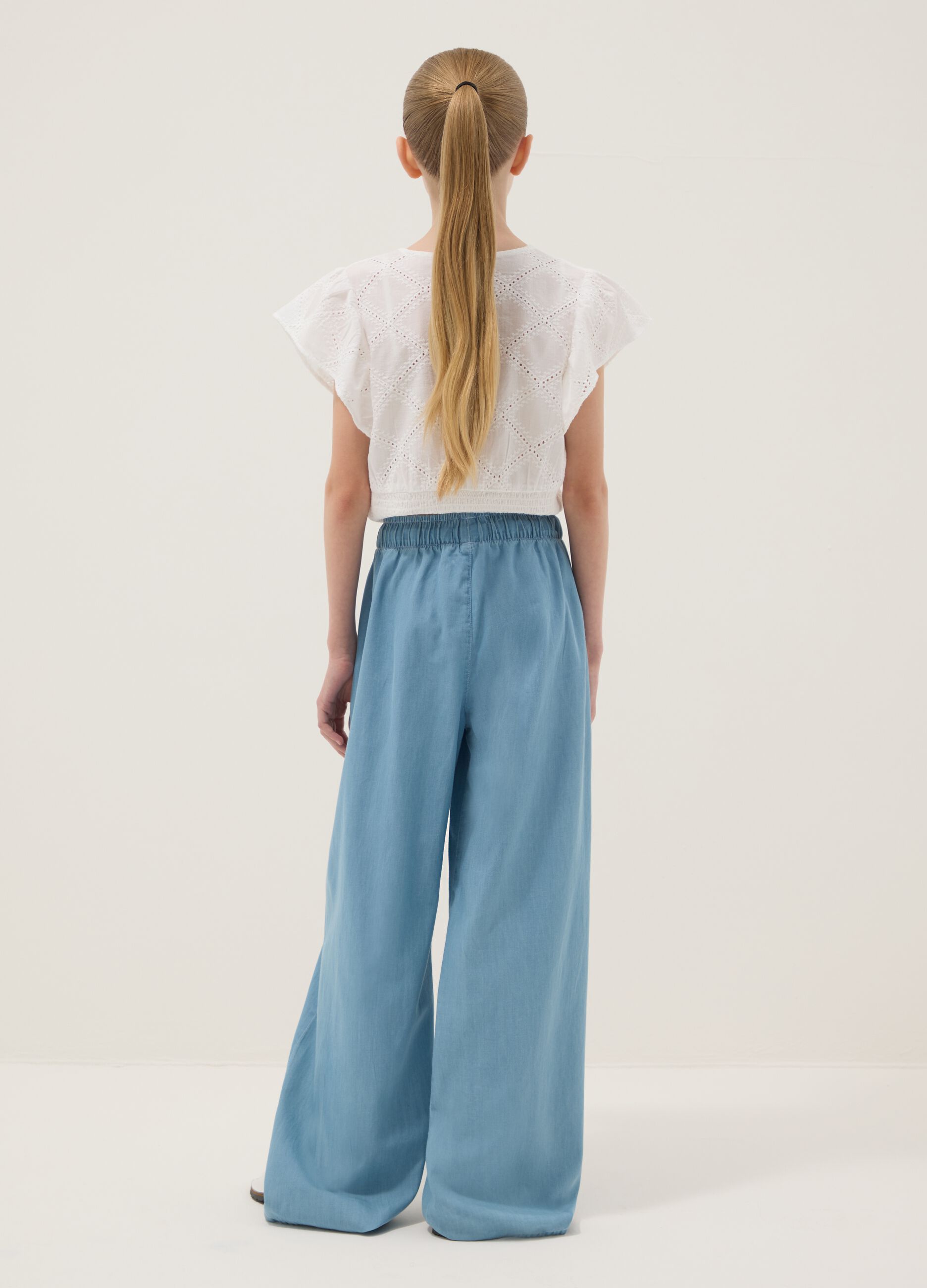 Girls&rsquo; light blue pure cotton wide-leg denim trousers
