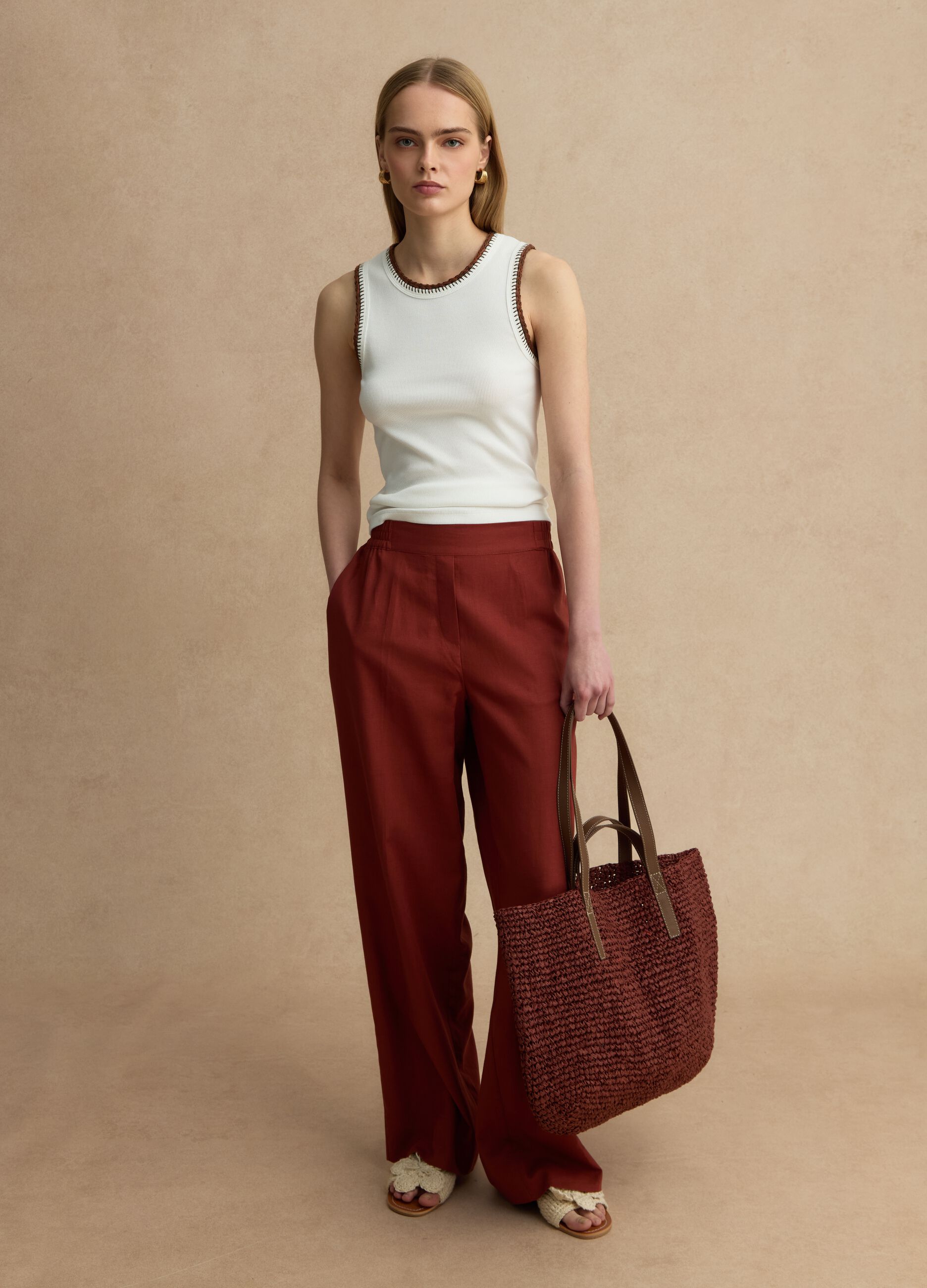 Red wide leg linen-viscose blend trousers