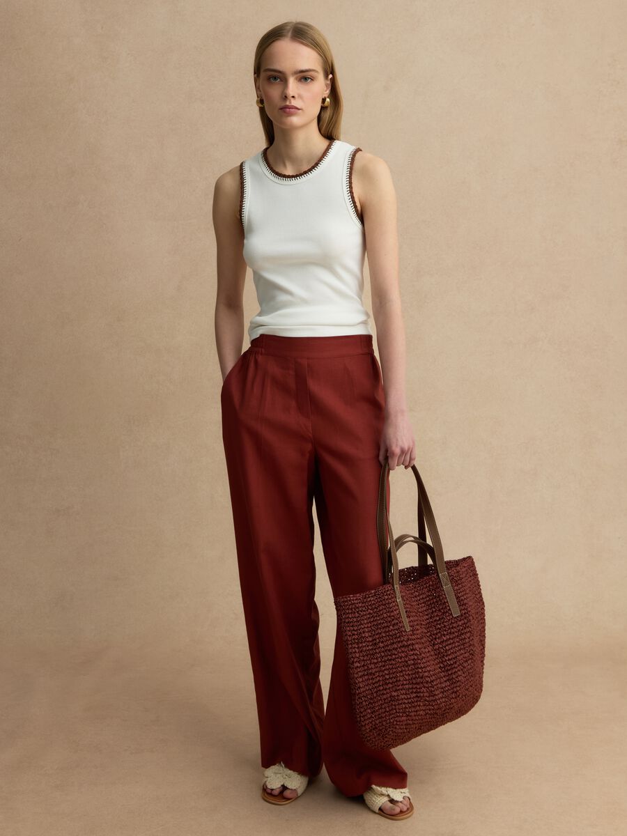 Pantaloni in misto lino e viscosa rossi wide leg_0