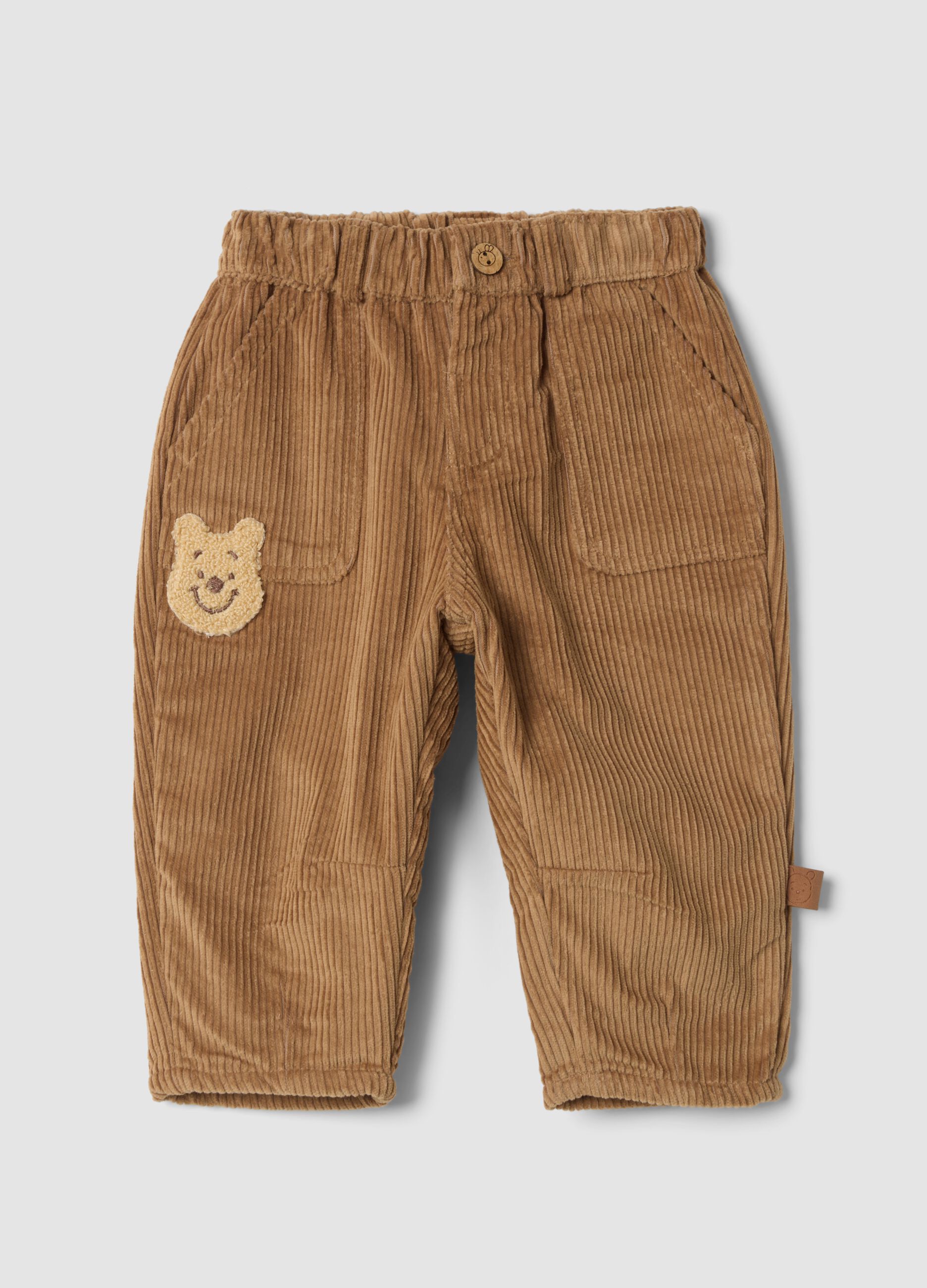 Pantaloni beige in puro cotone a coste con ricamo Winnie The Pooh comfort fit