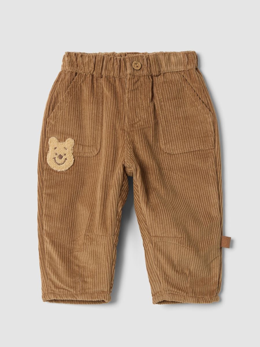 Pantaloni beige in puro cotone a coste con ricamo Winnie The Pooh comfort fit_0