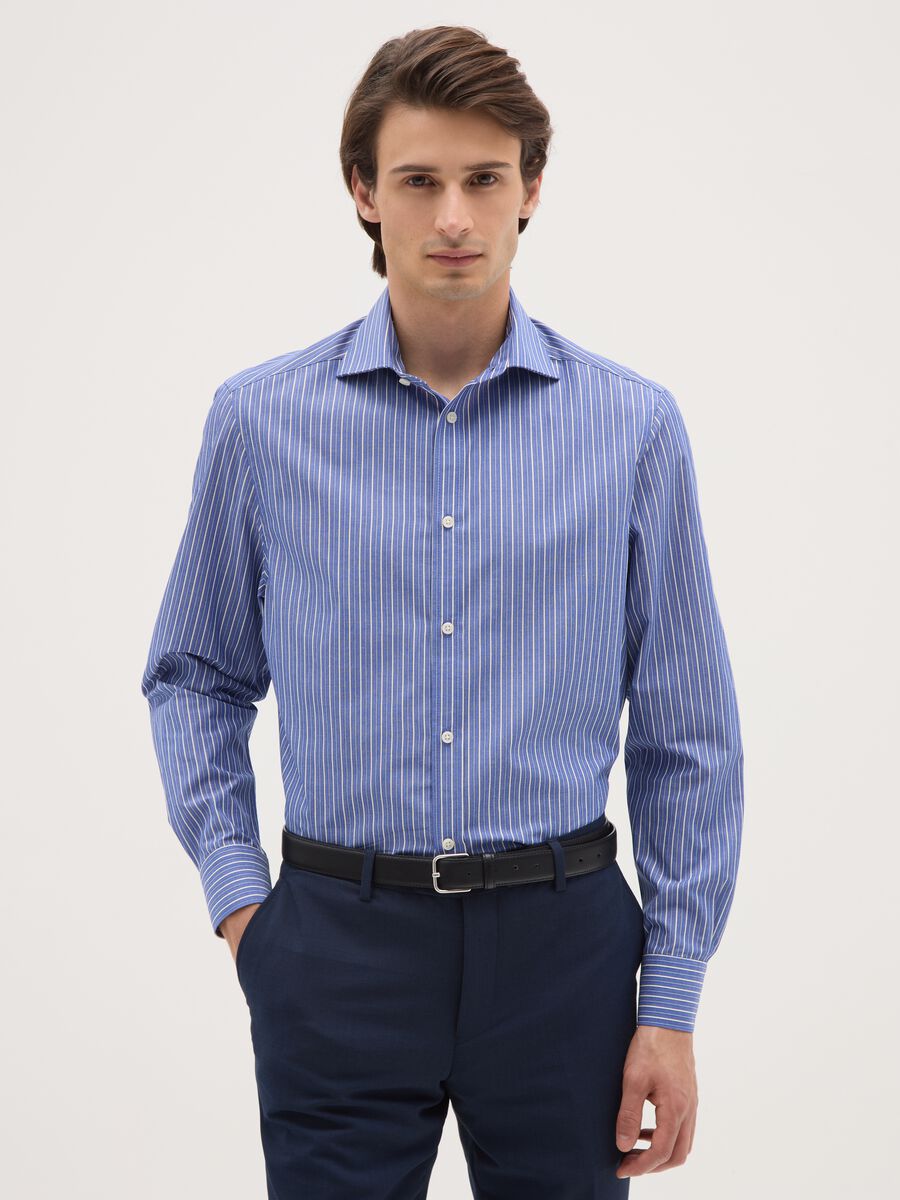 Camicia in misto cotone blu regular fit_0