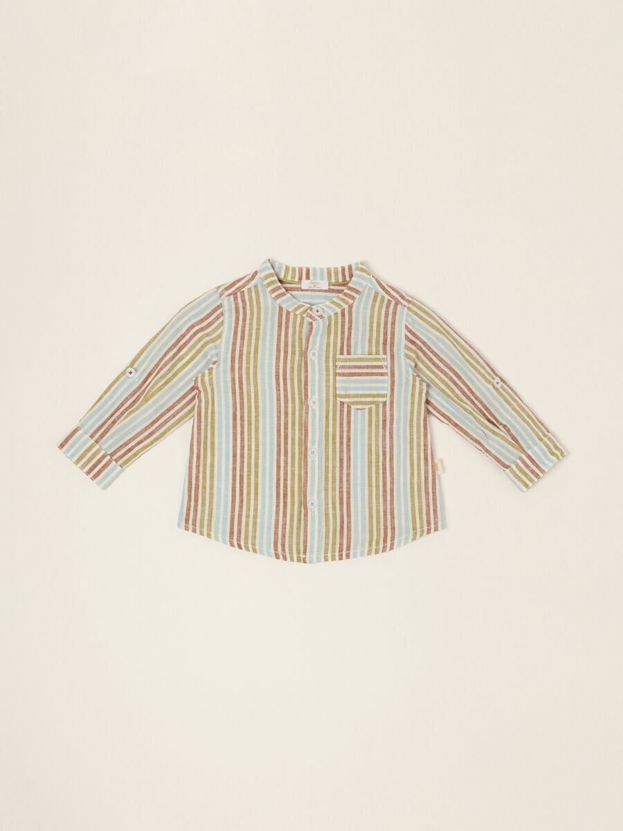Baby regular-fit striped shirt with mandarin collar in cotton-linen blend_0