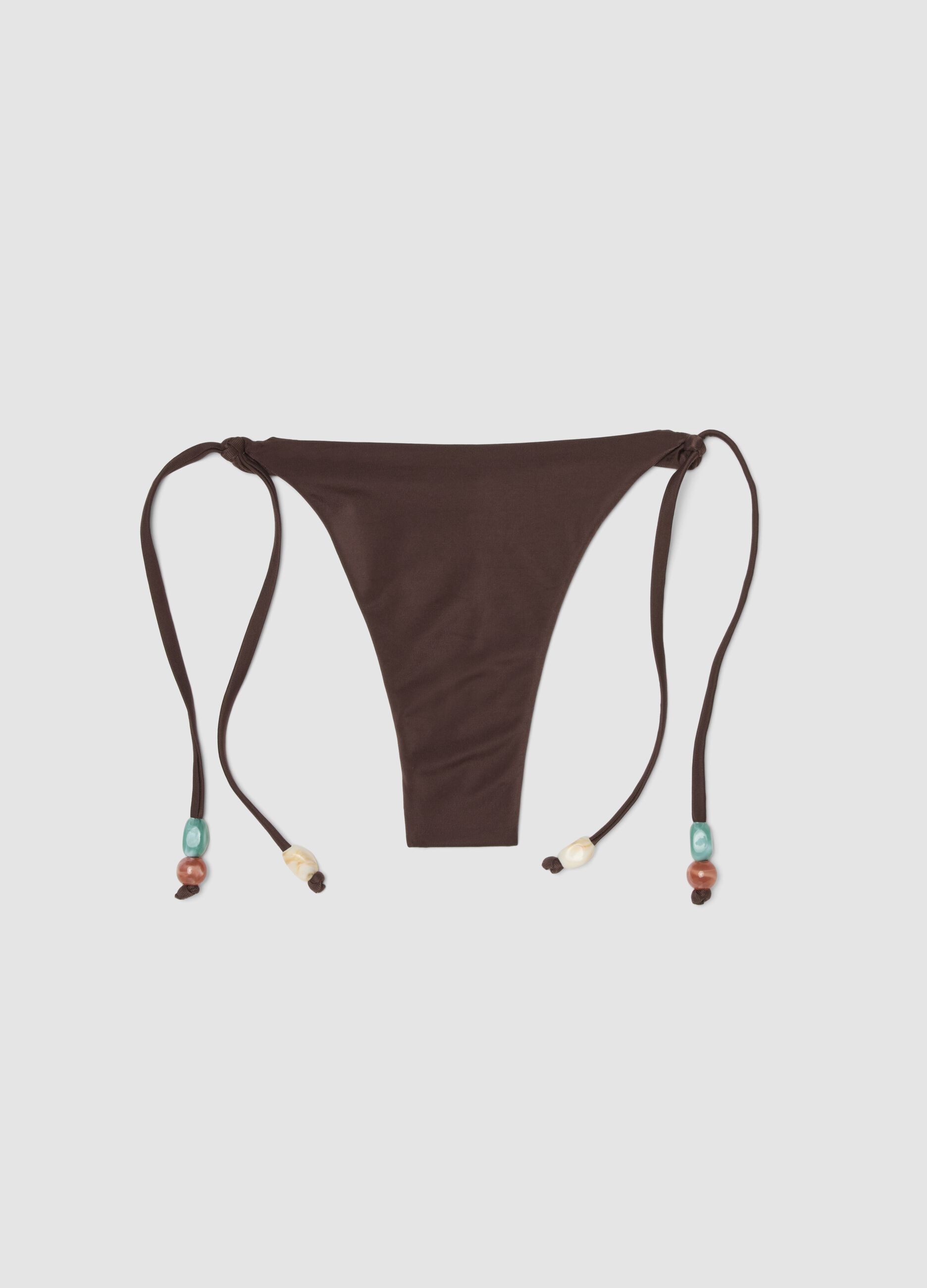 Brown stretch bikini bottoms with side ties and beads